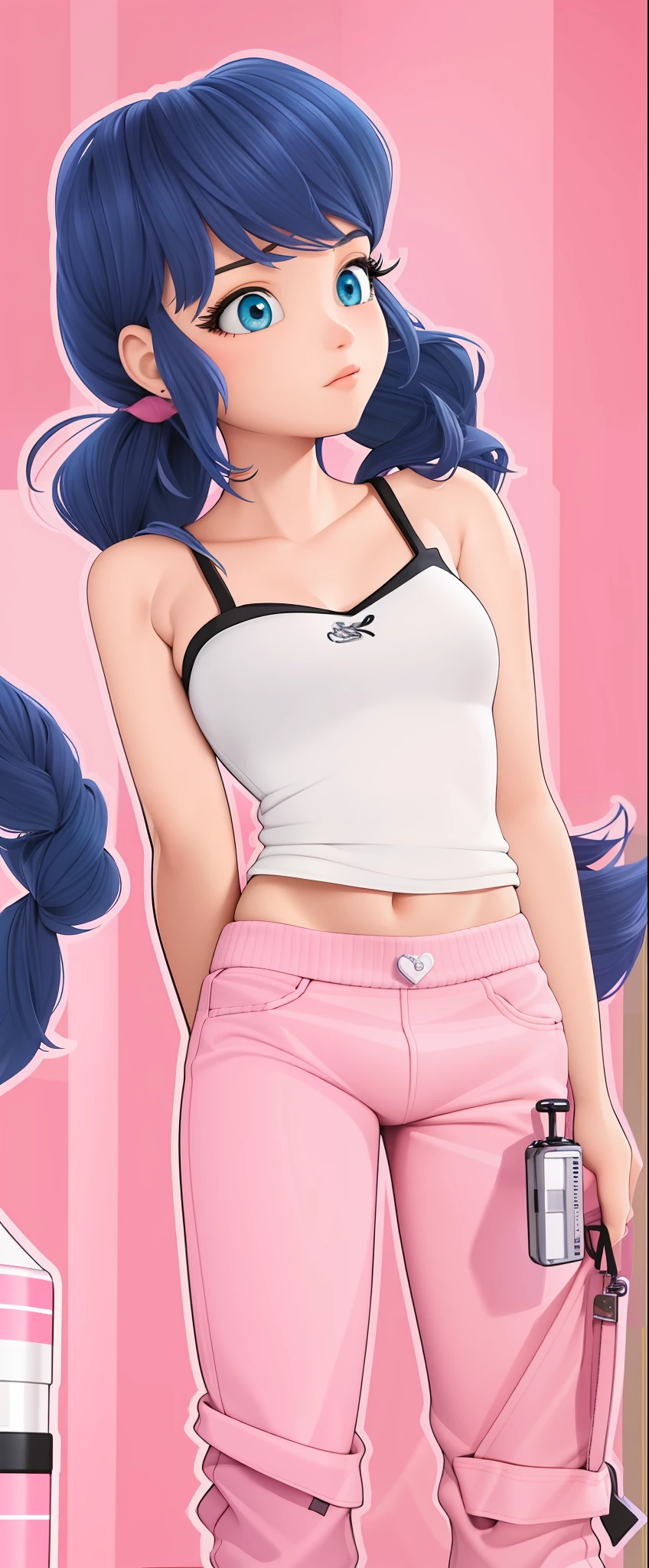 (masterpiece, best quality), (solo), 1girl, cute face, adult torso, (((long hair down))), plain white sleeveless shirt, ((pink sweatpants)), medium sized breasts, 