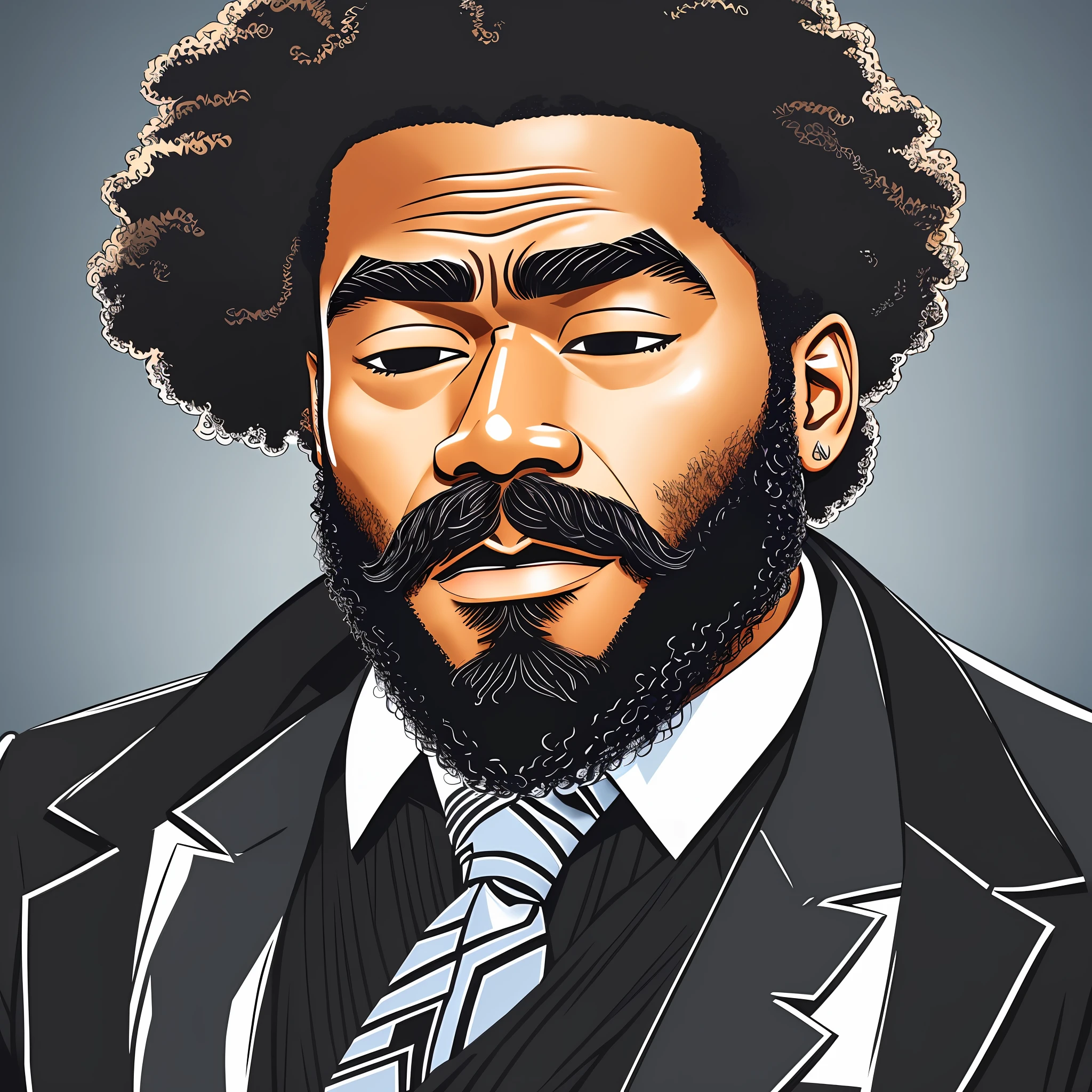 a man with beard and tie in a suit, black man with afro hair, closed eyes, black curly beard, high quality portrait, vector illustration, man with beard, Donald Glover, curly black beard, beard, beard, beard, bearded man, digital illustration, 3d illustration, detailed illustration, with a full black beard, portrait oil painting --auto --s2