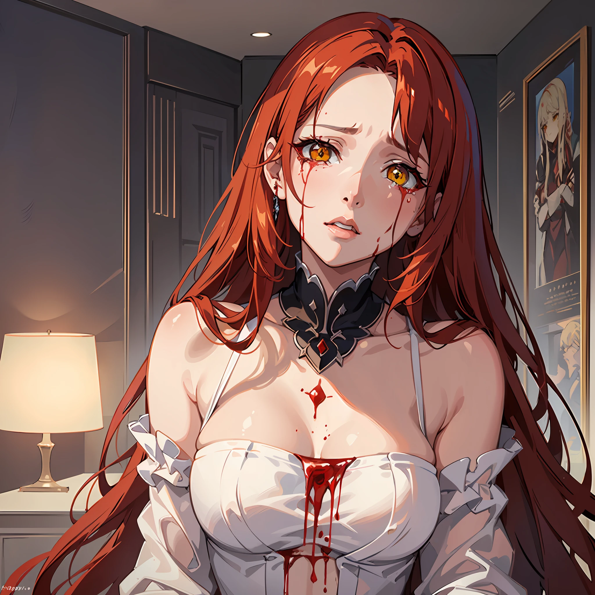 (best quality), (masterpiece), (artwork), (best illustration, desinger, colors), (best development), (detailed eyes), (extremely detailed eyes:1.2), (glowing eyes, bright, sparkling:1.3), a beautiful girl, long red hair (the color of blood), (detailed yellow eyes), white skin, background of rustic art scenery of an insane asylum, she is wearing a bloodied straitjacket (crying blood on her beautiful macabre face:1.3)[0.9]