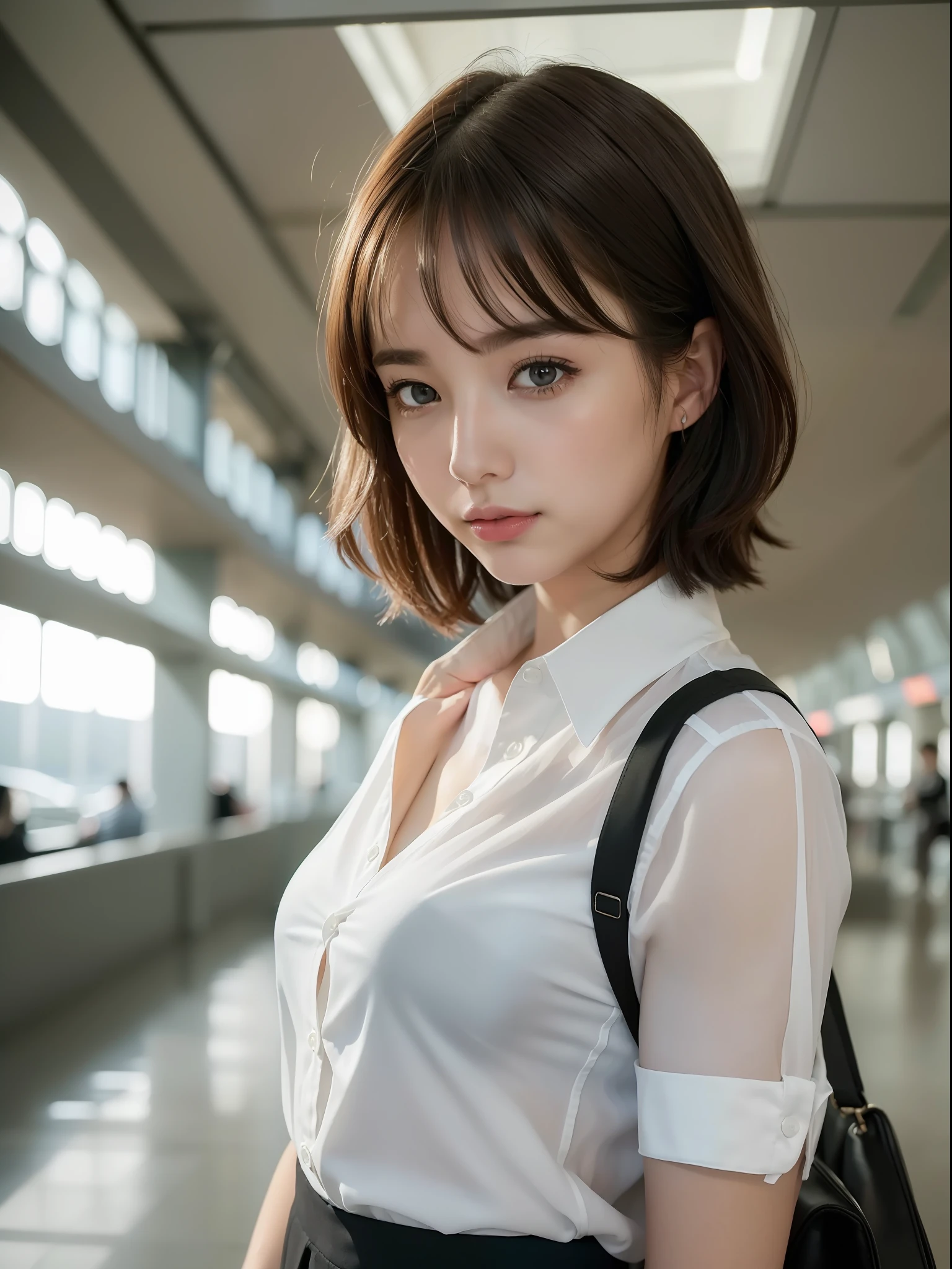 ((Best quality, 8k, Masterpiece: 1.3, raw photo)), Sharp focus: 1.2, (1 AESPA girl: 1.1), (realistic, photo-realistic:1.37), face focus, cute face, small breasts, flat chest, brunette short messy hair, standing, business suit skirt, white shirt, train terminal, air port, sunlight, cinematic lighting