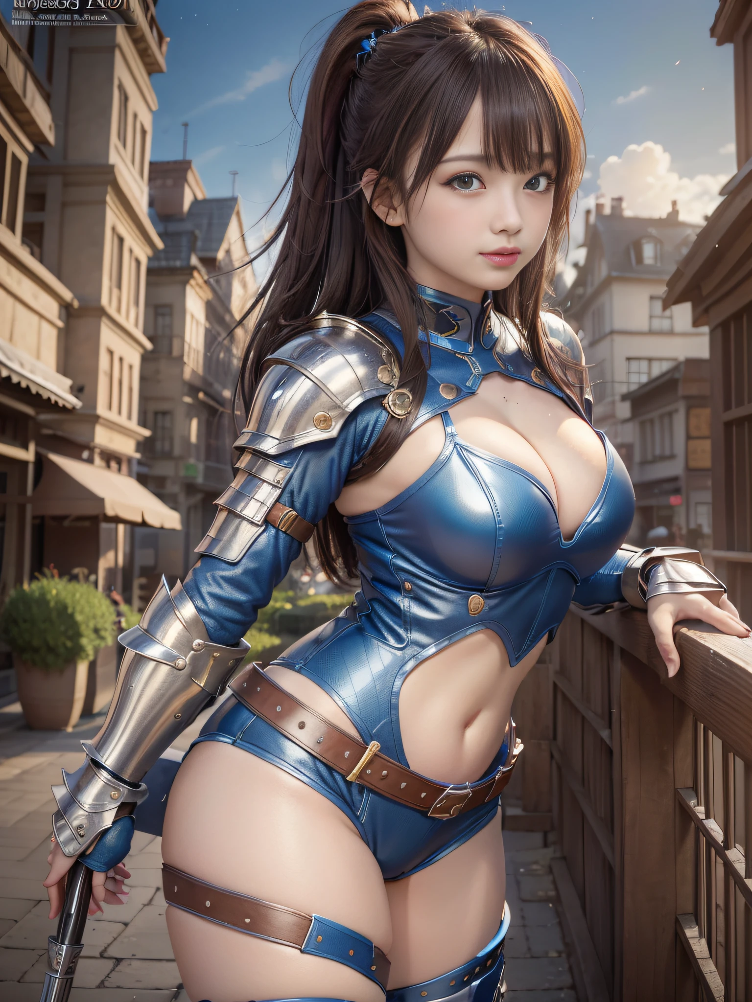 masterpiece, top quality, official art, highly detailed CG unity 8k wallpaper, one girl, ultra high resolution, (photorealistic: 1.4), golden hour lighting, very cute  girl, cute chin, light blush, solo, showing white teeth and laughing, cleavage, big, highly detailed eyes and hair, beautiful skin in every detail, attractive thighs, dynamic angle, ponytail, brown hair, blue eyes, thick bangs, blue ribbon, hot pants, heavy armor, spear, female warrior, European cityscape,