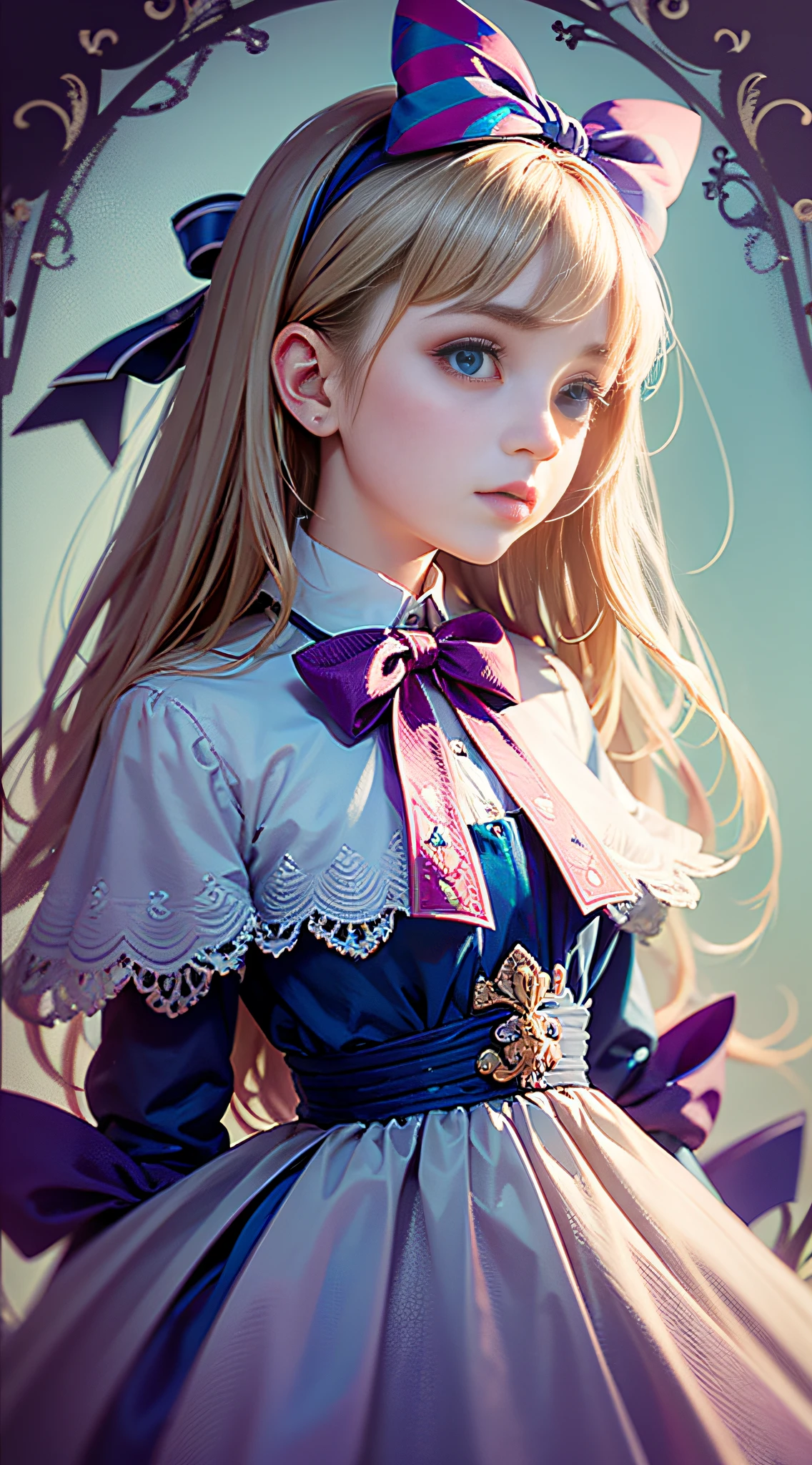 1girl, masterpiece, best quality, 8k, detailed skin texture, detailed cloth texture, beautiful detailed face, intricate details, ultra detailed, Alice in Wonderland, (a bow on her head:1.1), upper body