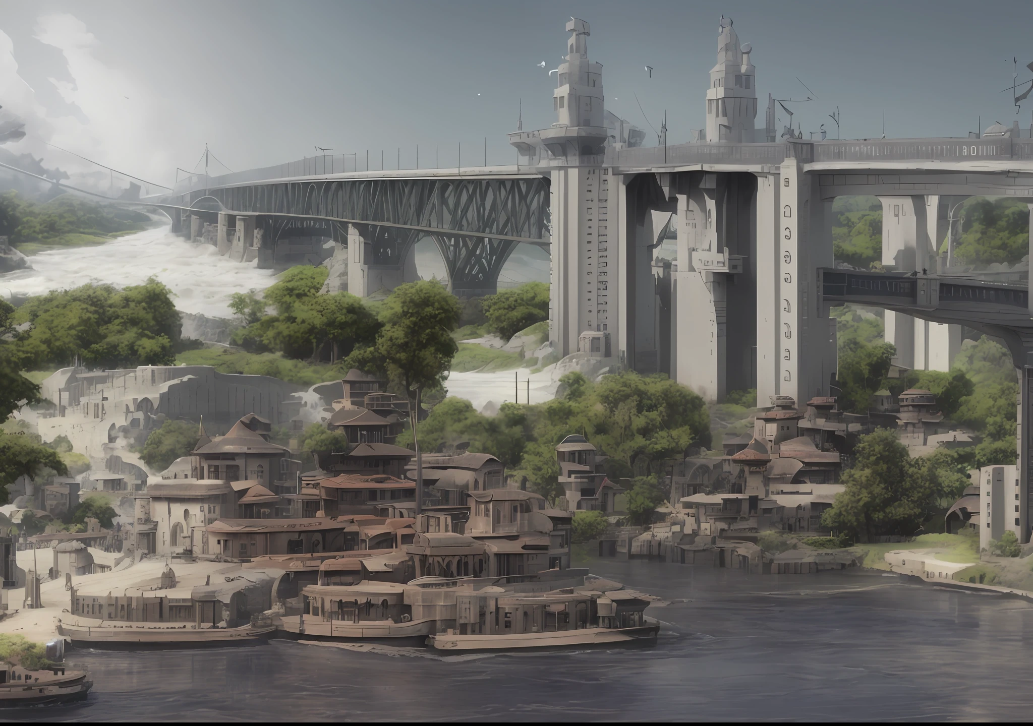there is a large bridge over a river with a bridge in the background, hyperdetailed 3d matte painting, hyperdetailed 3 d matte painting, hyperdetailed matte painting, highly detailed matte painting, 3 d render and matte painting, photorealistic matte painting, matte painting with high detail, a detailed matte painting, matte painting of steam machines, detailed matte painting