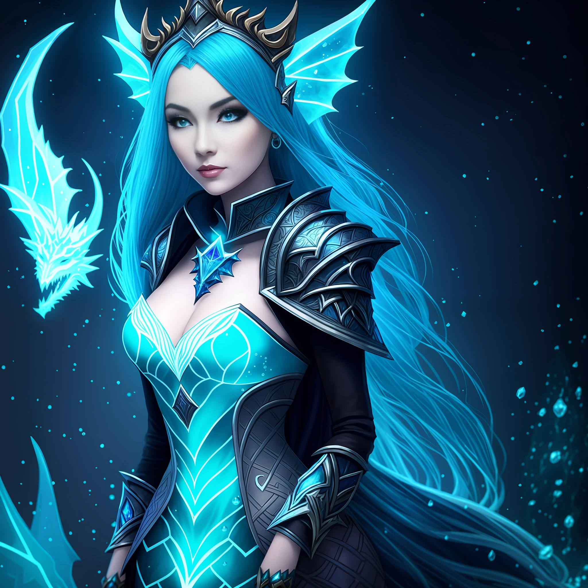 a close up of a woman in a dress with a dragon on her shoulder, arcane league of legends, beautiful ancient frost witch, ice sorceress, fae priestess, league of legends arcane, eldritch goddess, asian female water elemental, blue djinn, style of league of legends, luminous water elemental, qiyana