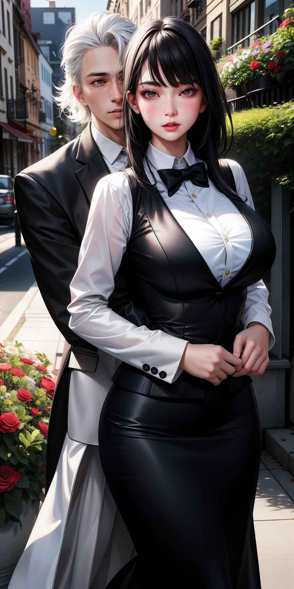 realistic, couple, black hair, white hair, red eyes, green eyes, bright eyes, dress, oriental, skirt, lips half-open, blush, night, flowers, sun, sunlight, large breasts, suit