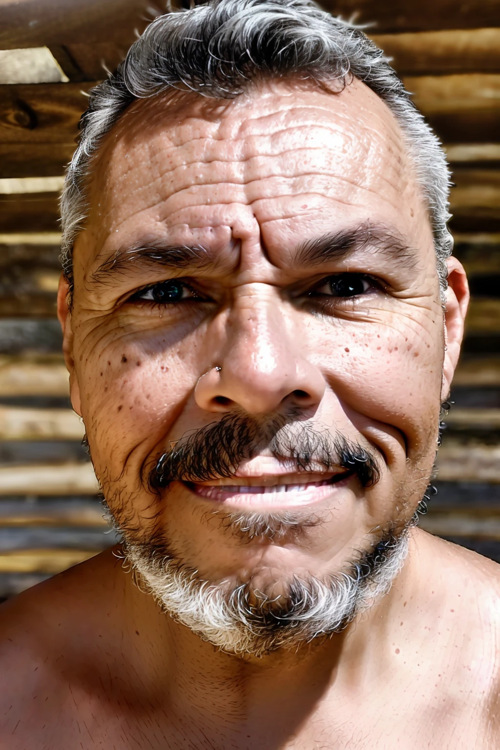 full frame, close portrait, rustic, male model, brunette man, tanned and wrinkled skin, gray hair, full gray beard, dark brown eyes, (skin texture), skin pores, shallow depth of field, sharp eye focus, backlit