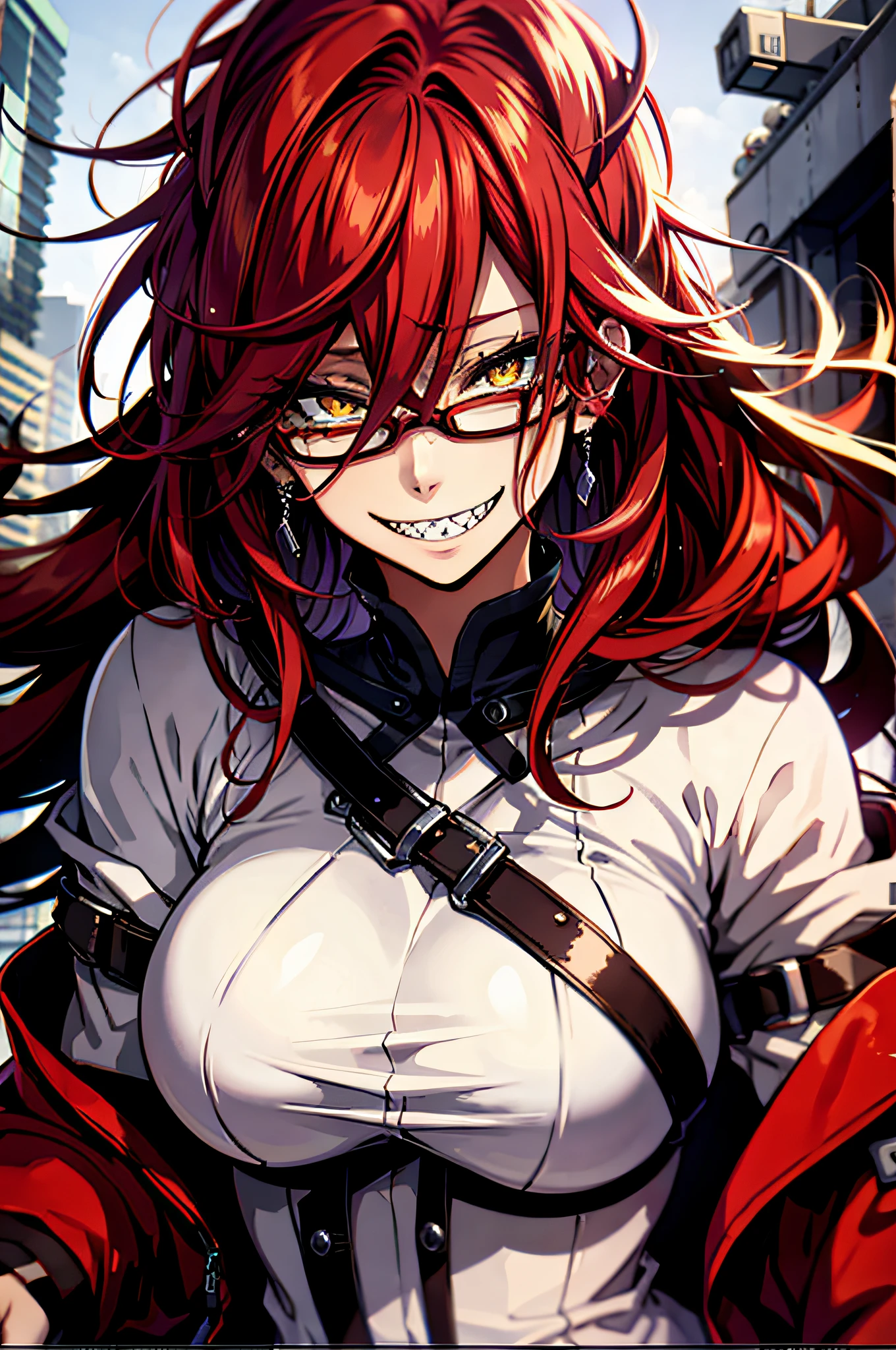 best quality, masterpiece, solo, 1girl, smile, red hair, yellow eyes, portrait, sharp teeth,big breasts