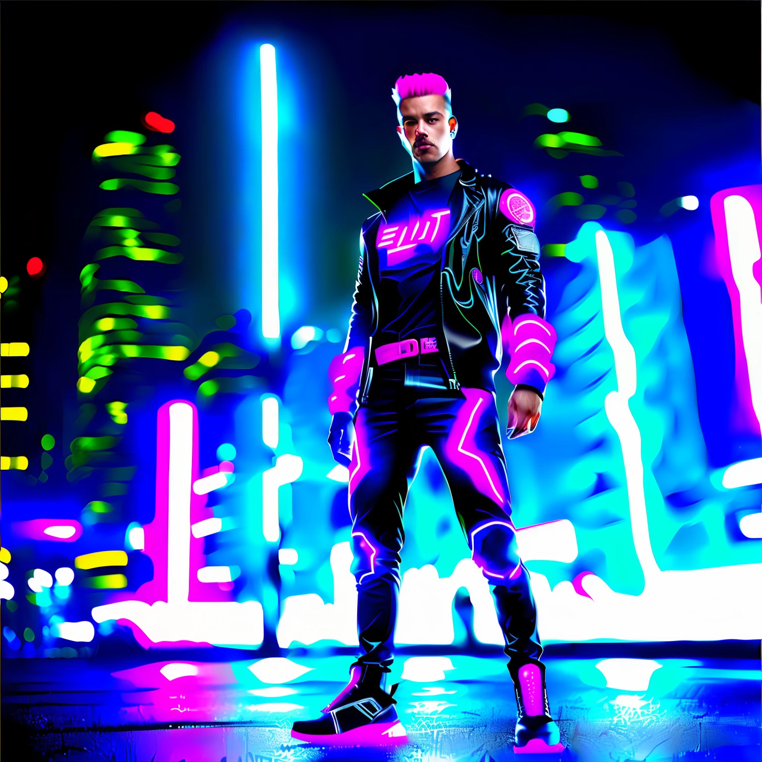 mikaell, social clothing, full body shot, character sheet, lightning, 3d, cgi, bright neon, cyberpunk, neon city