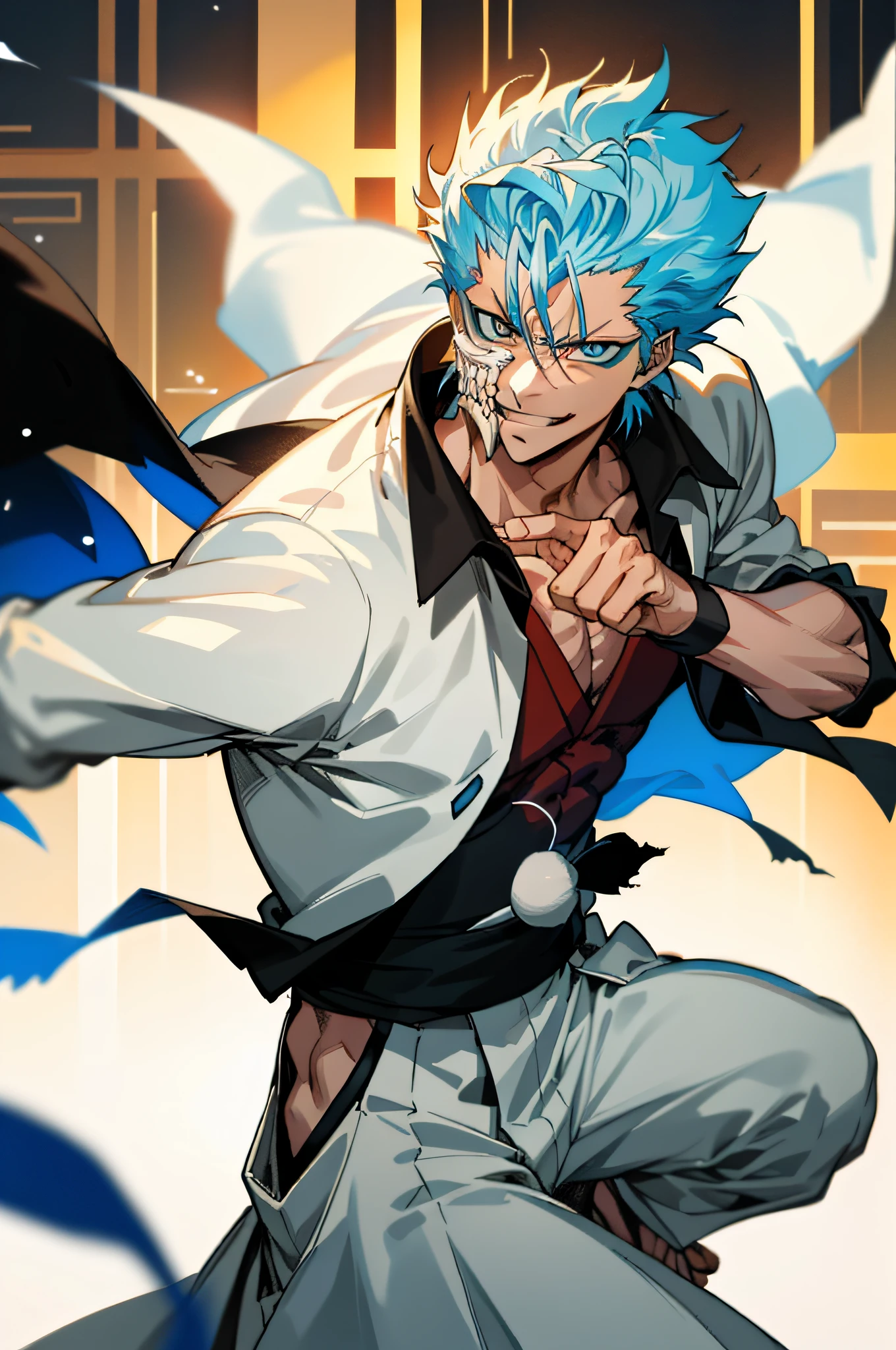 masterpiece, best quality, 1boy, grimmjow jaegerjaquez, at night, night, low light, natural light, fighting pose, white pants,  white jacket, smiling with tongue out, damaged clothes, damaged skin, street, japanese street, low light, light rays, aura power, floating particles, doing a power,  holding a katana, zanpakutou, angry eyes, angry face, smiling, looking ahead, male focus, strong muscles, movie composition, deth of field, bokeh