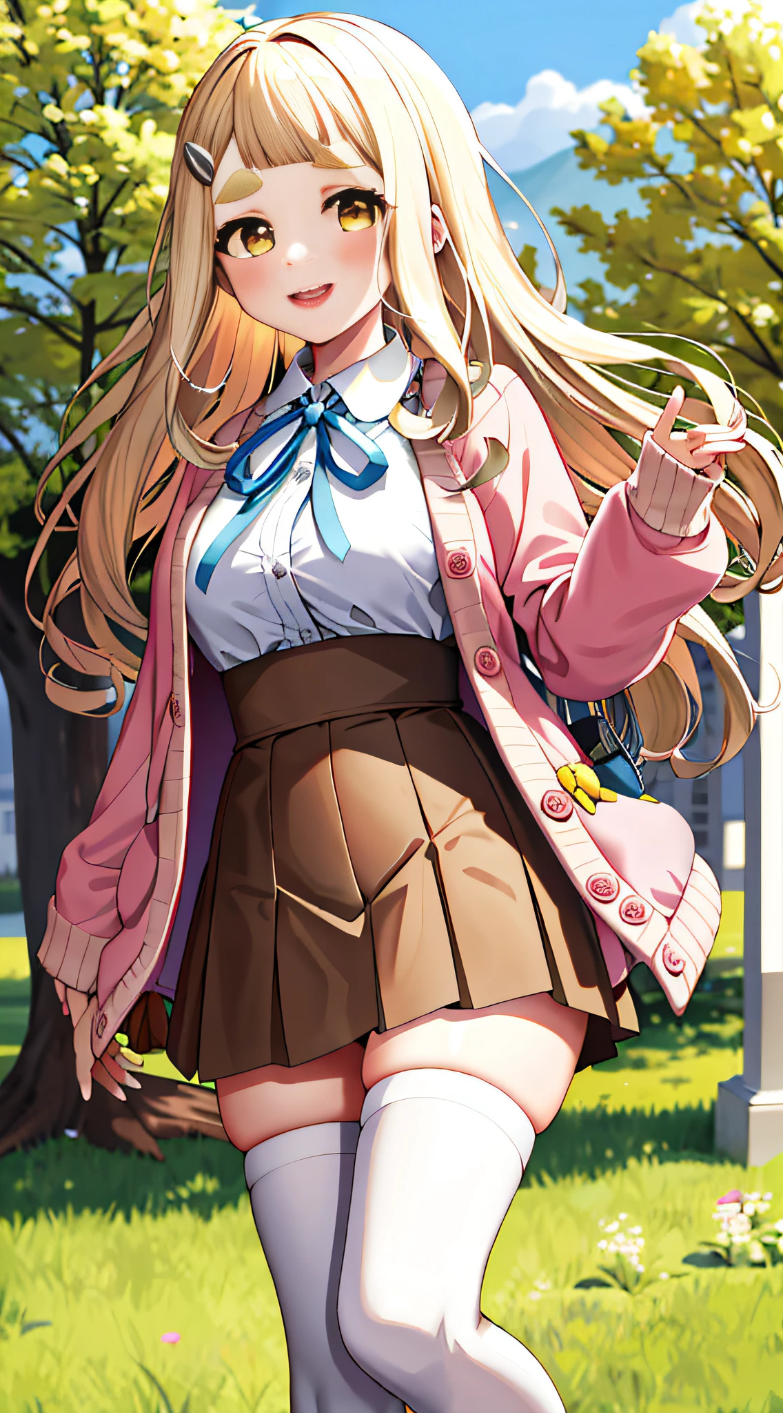 Masterpiece, Best Quality, High Resolution, 1girl, Virtual YouTuber, Skirt, Solo, Long Hair, Stockings, Shirt, Blonde, Brown Skirt, White Shirt, Ribbon, Neckband, White Stockings, Sleeves Over the Wrist, Collared Shirt, Thick Eyebrows, Hair Accessories Long Sleeves Extra Long Hair Blue Ribbon Cardigan Cardigan Bangs Cardigan Pink Cardigan Jacket Yellow Eyes Pleated Skirt Shirt Tuck In Wavy Hair High Waist Skirt Pink Jacket Cardigan Standing, Denim Shooting, Outdoor,