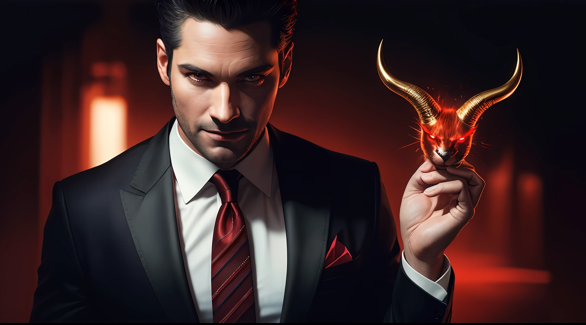 lucifer, horns, red eyes, staring, devilish smile, red pelw, suit and tie, ((thin, small)), photorealistic, photo, masterpiece, realistic, realism, photorealism, high contrast, photorealistic digital art trend in Artstation 8k HD high definition detailed realistic, detailed, skin texture, hyper detailed, realistic skin texture, armor, best quality, ultra high resolution, (photorealistic: 1.4), high resolution, detailed,  Raw, sharp photo re, by lee jeffries Nikon D850 film stock photography 4 kodak camera portra 400 lens f1.6 rich colors hyper realistic texture dramatic lighting irrealengine trending on artstation cinestill 800,