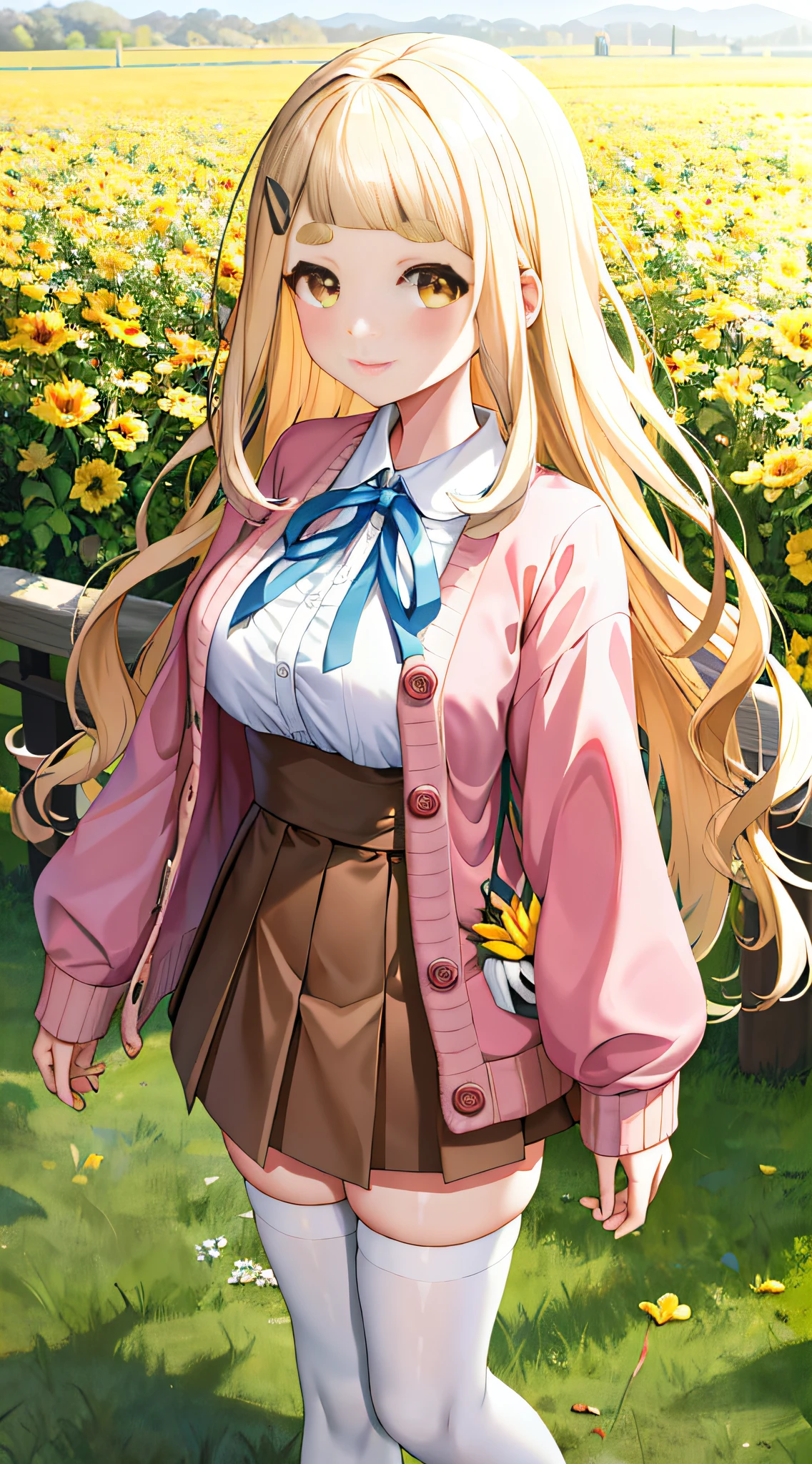 Masterpiece, Best Quality, High Resolution, 1girl, Virtual YouTuber, Skirt, Solo, Long Hair, Stockings, Shirt, Blonde, Brown Skirt, White Shirt, Ribbon, Neckband, White Stockings, Sleeves Over the Wrist, Collared Shirt, Thick Eyebrows, Hair Accessories Long Sleeves Extra Long Hair Blue Ribbon Cardigan Cardigan Bangs Cardigan Pink Cardigan Jacket Yellow Eyes Pleated Skirt Shirt Tuck In Wavy Hair High Waist Skirt Pink Jacket Cardigan Standing, Denim Shooting, Outdoor,