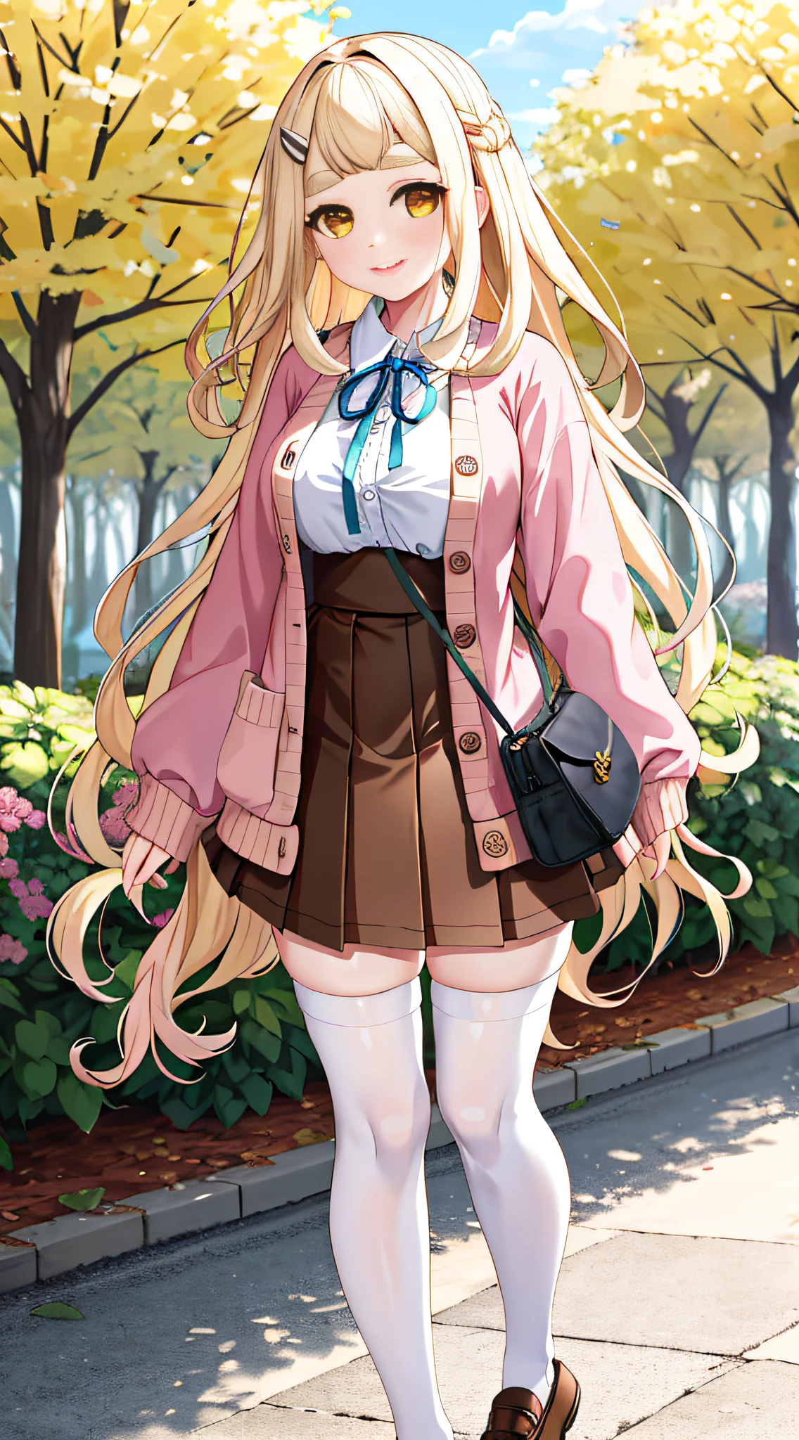 Masterpiece, Best Quality, High Resolution, 1girl, Virtual YouTuber, Skirt, Solo, Long Hair, Stockings, Shirt, Blonde, Brown Skirt, White Shirt, Ribbon, Neckband, White Stockings, Sleeves Over the Wrist, Collared Shirt, Thick Eyebrows, Hair Accessories Long Sleeves Extra Long Hair Blue Ribbon Cardigan Cardigan Bangs Cardigan Pink Cardigan Jacket Yellow Eyes Pleated Skirt Shirt Tuck In Wavy Hair High Waist Skirt Pink Jacket Cardigan Standing, Denim Shooting, Outdoor,