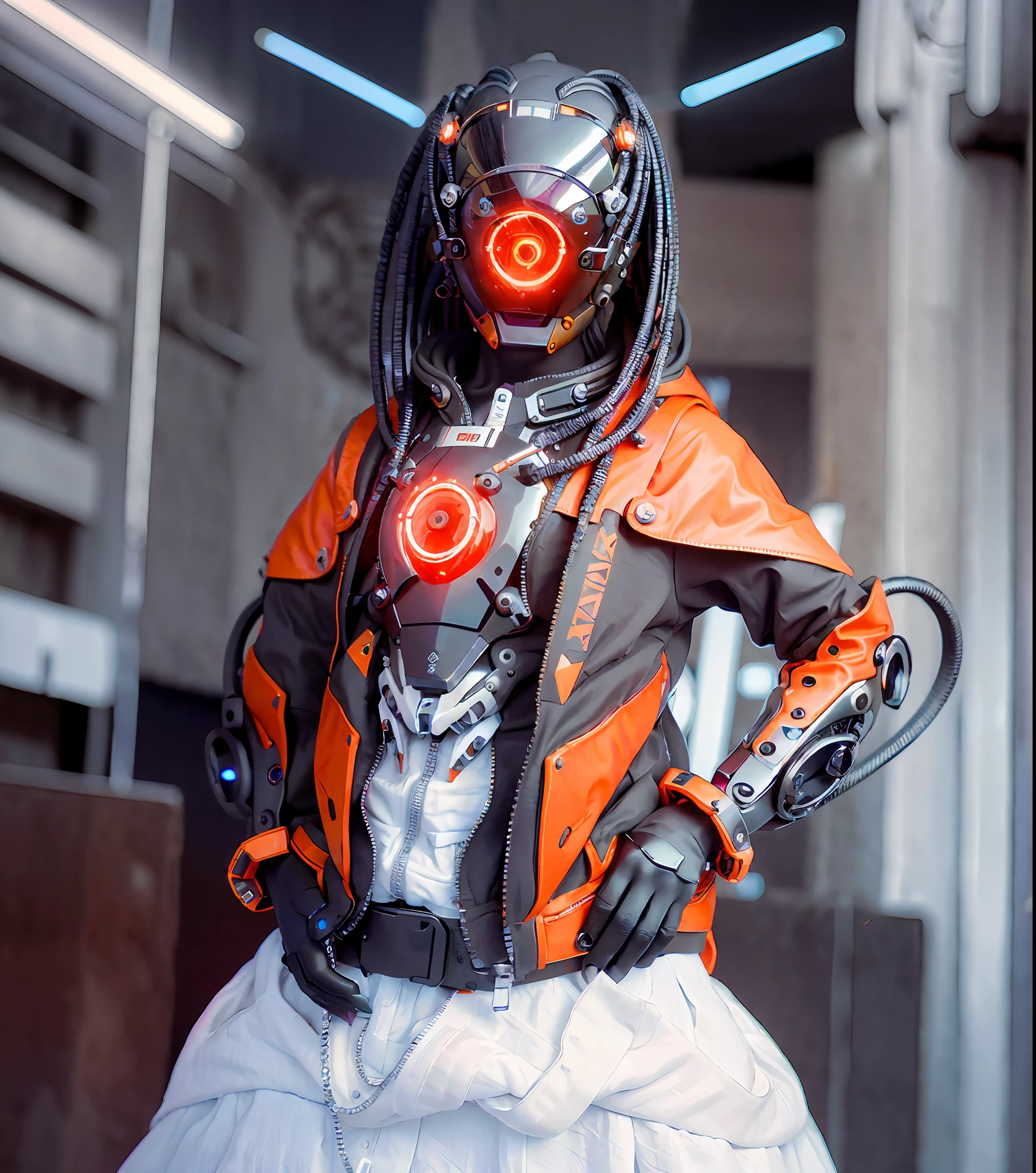 (original: 1.2), masterpiece, best quality, a close up of a futuristic looking cyborg girl with a white cyberhelmet head with dreadlocks and red circle led and a metal design on it and a Holographic halo, wearing a orange techwear jacket, on the street