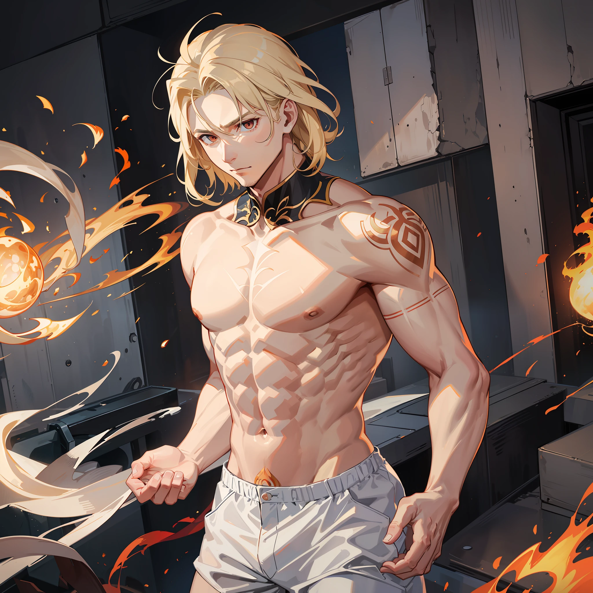 1 man, mature, 30 years old, muscular without exaggeration, shoulder-length blonde hair, bright white eyes, bright white tattoos of Western dragons by the arms, white short-sleeved shirt, flaming aura and red rays coming out of his hands