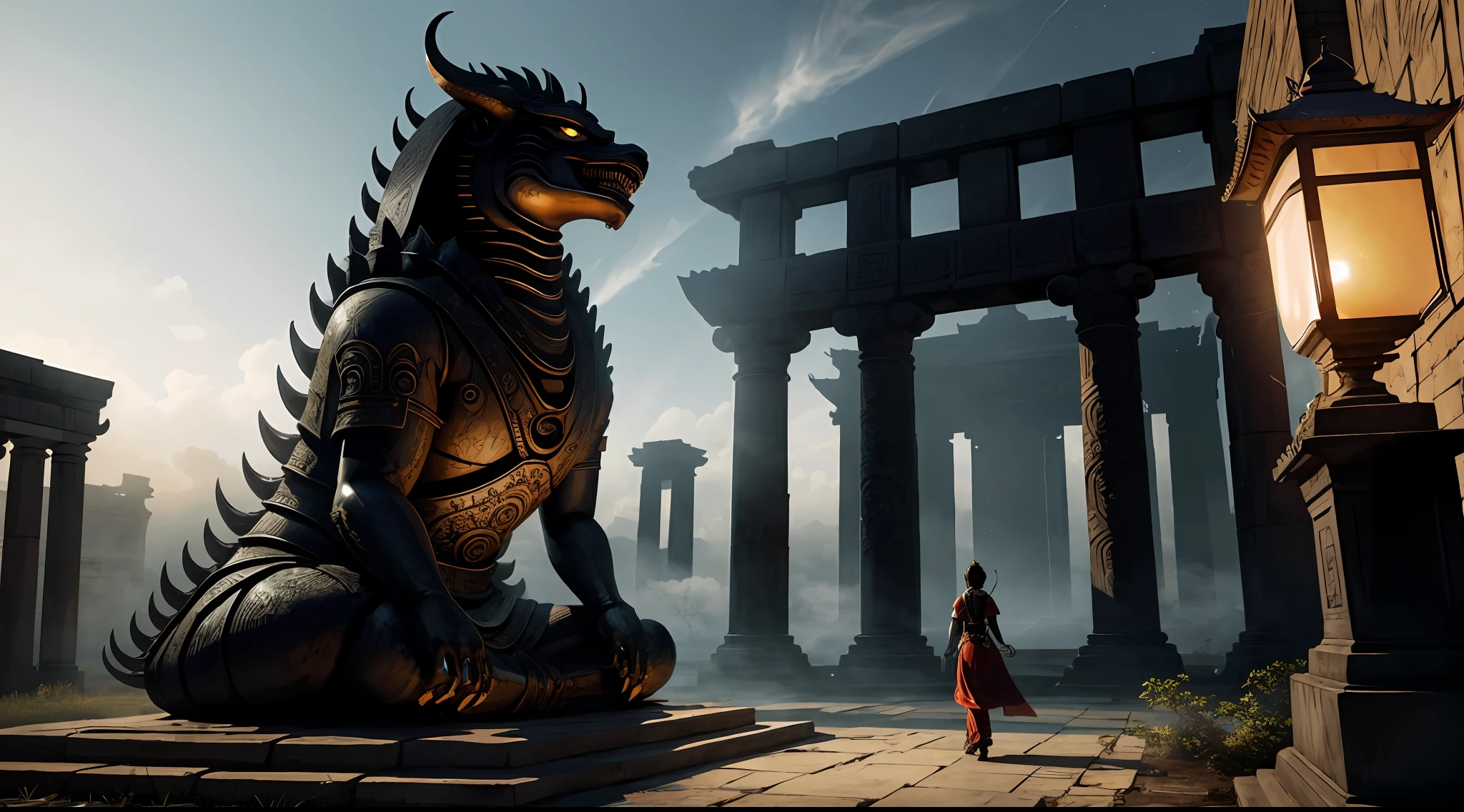 absurd, realistic lighting, (abyss) masterpiece, high quality, beautiful graphics, high detail, dressed woman, extremely refined and beautiful, amazing, fine detail, masterpiece, hyper-detail, high resolution, (best illustration), (best shadow), intricate, ancient landscape, thousand hands bodhisattva, temple, (mysterious black fog), journey to the west, ((corpse), ((ancient monster)), (ruins), (battlefield), (blood stain), glazed tiles, Buddha statue, lantern,