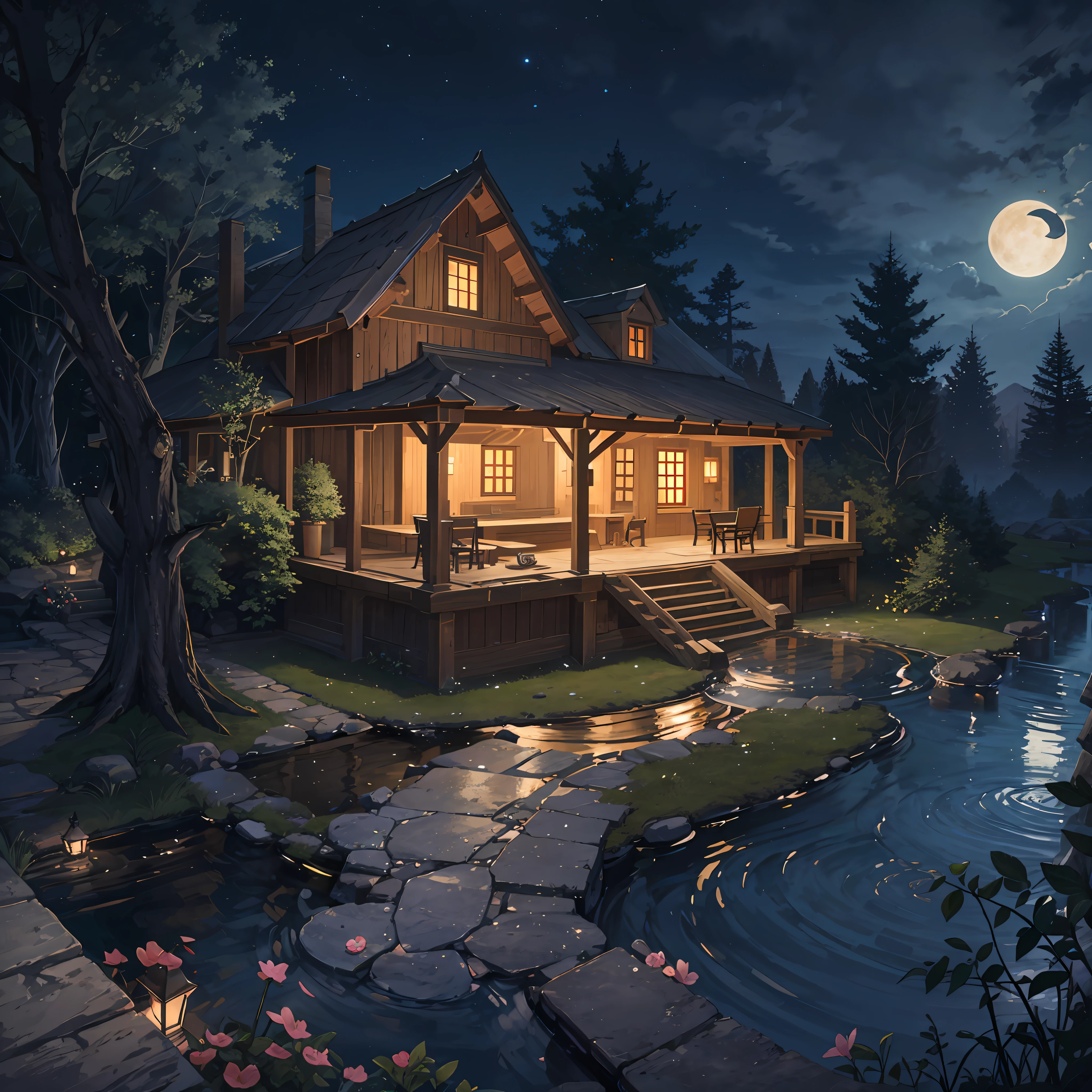 Villa inside a dark forest, RPG, creek with a waterfall and a lake, artesian well, a blacksmith shop with some medieval tools, medieval wooden houses, with lamps, full moon night --auto --s2