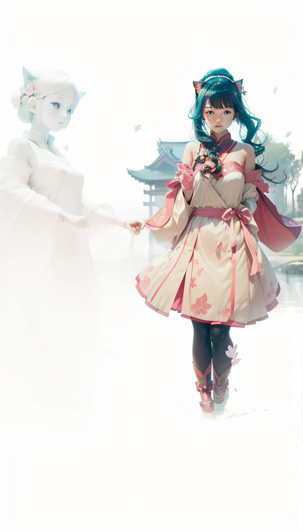 Illustration style, overhead view, dynamic angle, ultra-detailed, close-up shot of a girl with blue eyes, brown hair, and cat ears wearing a pink Miko outfit (1.4) and white stockings. She has bangs, an aura above or behind her head, and is looking at the viewer with a slight smile while showing her bare shoulders. The girl's hands are hidden behind her back while standing upright. She wears a cherry blossom hair accessory ([[0.55]::0.85]) and is surrounded by falling cherry blossoms, flowing water, a beautiful cherry blossom tree, and flying translucent blue butterflies (1.15). The scene is set near a shrine gate with ultra-detailed ruins in the background, an abysmal sea, and a dull blue world tree (1.14). The girl's delicate fingers and hands are emphasized with yubao (0.5). --auto --s2