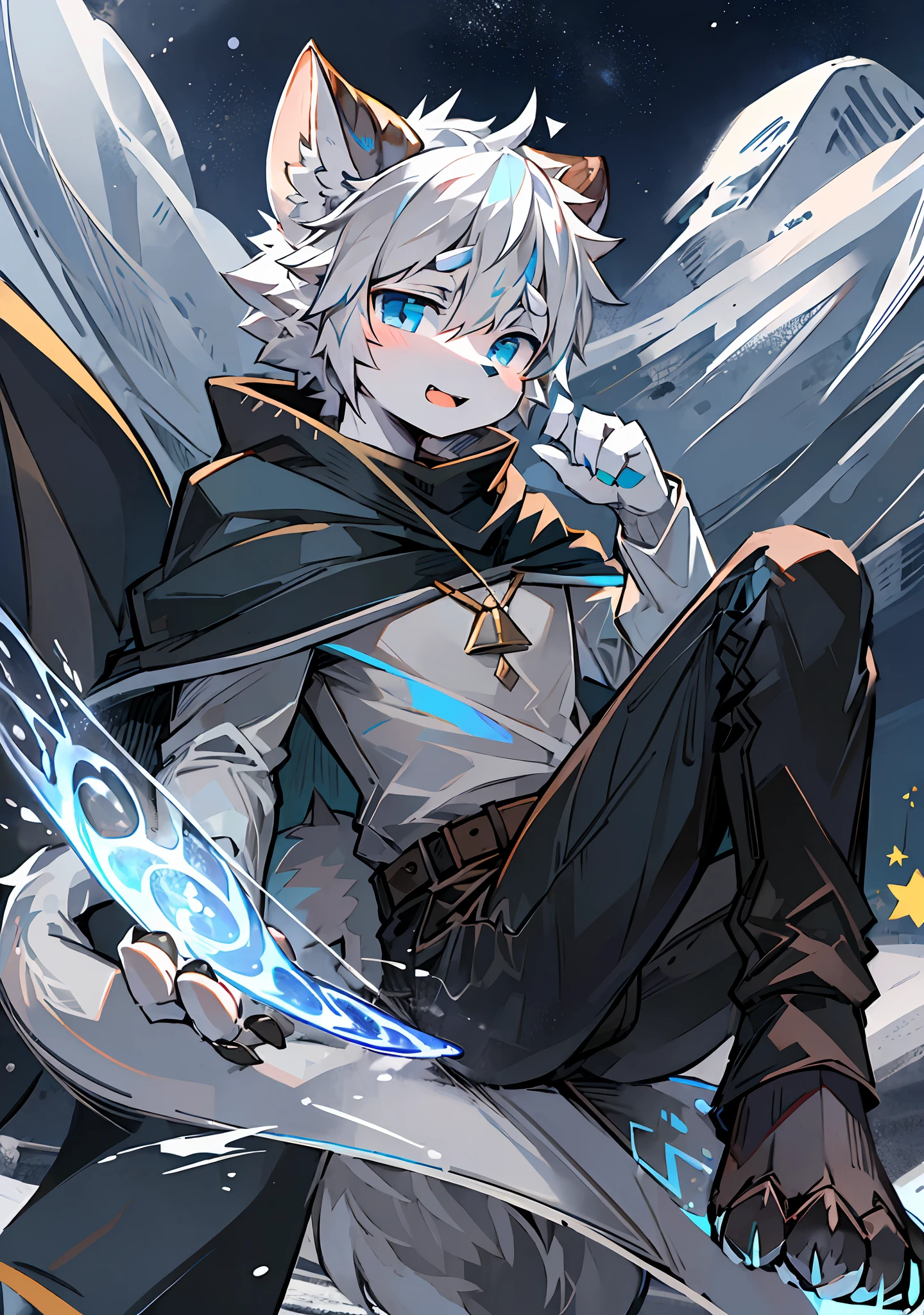 wolf ears, wolf tail, furry, furry male, sky, sao, sky blue eyes and light blue eyes, heterodypupil, star-shaped pupils, white hair, light gray hair tips, pose, dark gray sweatshirt, big fluffy tail, vent, humanity, wolf type, blue scarf, short hair, lower body, white fur everywhere, male youth, angular, long horns on forehead, tail, snow mountain, meat claw, meat pad, black pants, black horn, no shoes, cape, white cape, men's clothing, open mouth, Two legs, two hands, Tyndall effect, ray tracing, looking at the audience, apathy, facial expressions, night