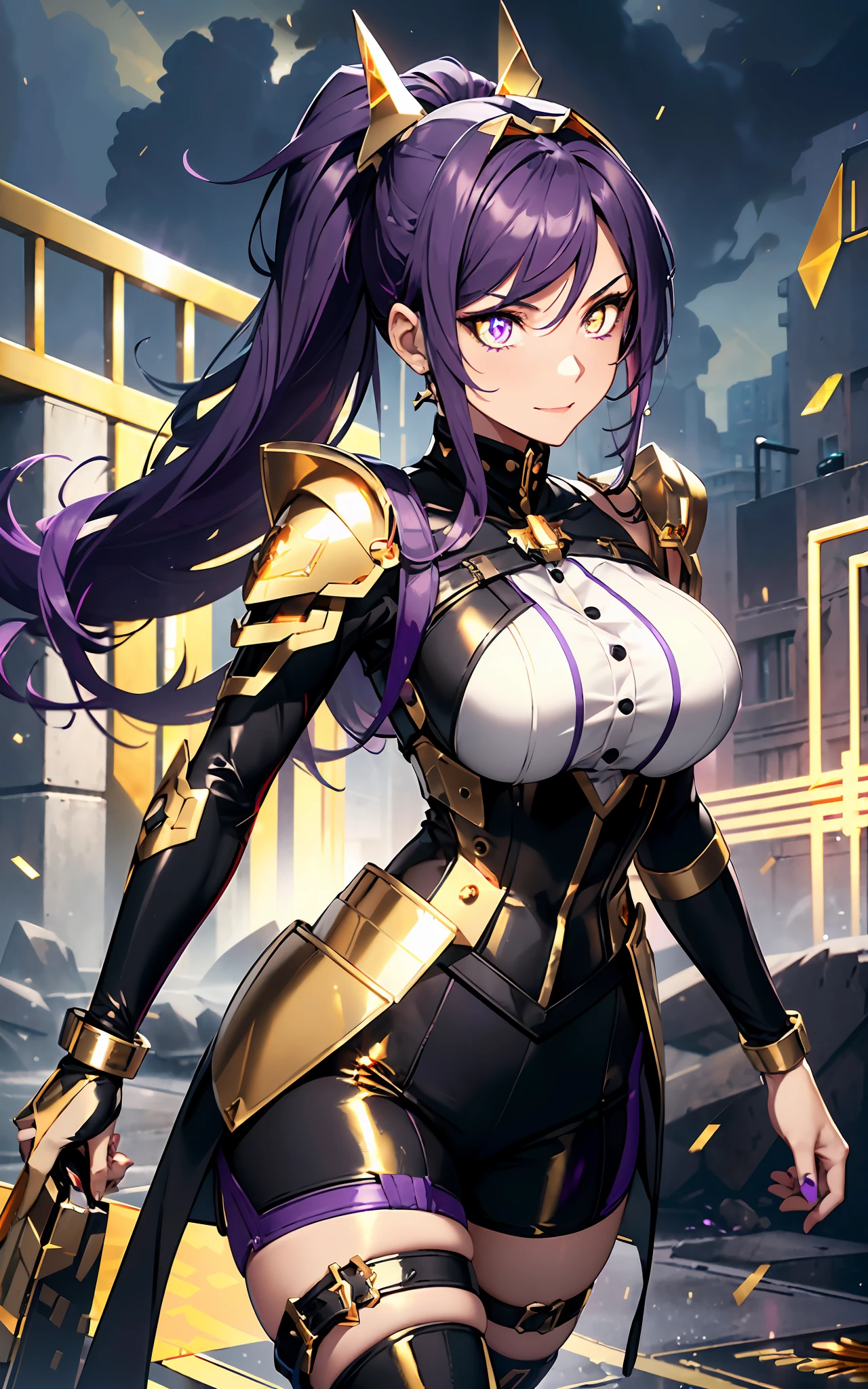 ({best quality}),(Ultra Fine),(full detail),single girl,alone,19 years old,well_developed curves,curvaceous_body,hourglass_figure,perspective,beautiful_face,high_quality_outfits,futuristic_outfits,silght_blush,full_body,full detail face,protective outfits,Honkai_Impact;sexy_outfits;
(Violet hair:1.5),indigo hair tips,violet (helix-shaped single ponytail:1.2),two black long fin-shaped black mechanic hairclips,black circlet around forehead,pointing upwards;(golden eyes:2),( white hilted pupils:1.4), holographic one-piece goggle glasses on eyes,golden lens,violet frame;one hexagon golden locket on breast;
Futuristic battlesuit,armored battlesuit,combat ready,covering all body,fitting body curves,armored black shoulder guards,white collar,black long slender sleeves,black long gloves,metal mechanic black arm bracers,black gloves,golden arm bracelets,silver vest,silverash tanktop,black armored corset,golden zipper along corset,black waistband with four gadget holsters attached,black skirts with golden trims,(black scifi armor shorts with golden trims,knee-length hems),(,black and edged armor tassets,fin shaped end,violet edges),black trousers,(white pantyhose) with hexagon amber linings,black waistband with gadget holsters,knee bracers;black mechanic boots with golden trinkets,heeled boots; White mechanic backpack on back;
Rainy weather,night,stormy sky in background,heavy rain weather,raindrop on face,floating in midair,overlooking city from midair,smiling expression,seductive smile,vigilat gaze,stretching hands,standing,looking forwards