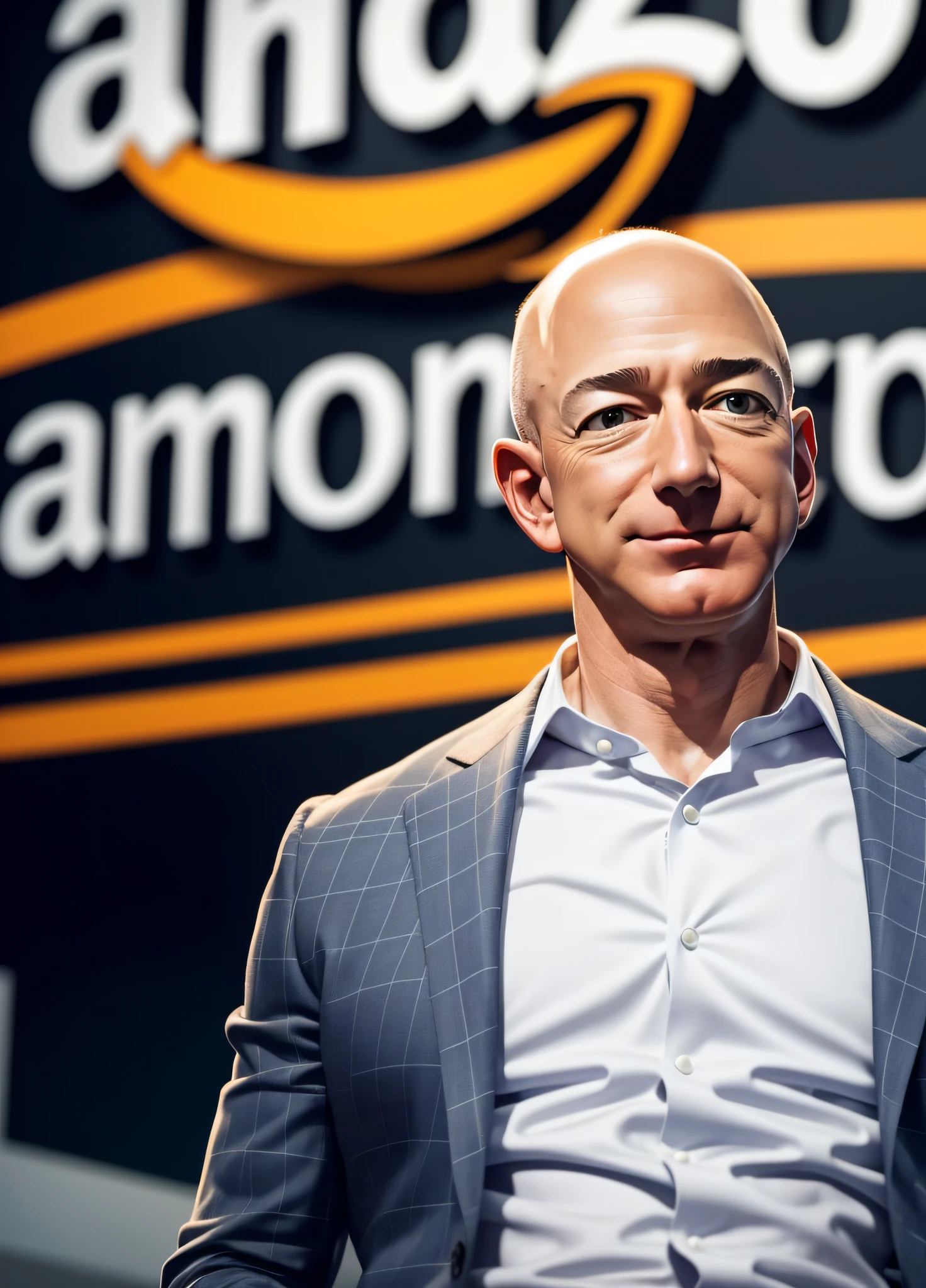 a photo of Jeff Bezos, creator of amazon, in the amazon factory, background to the amazon logo