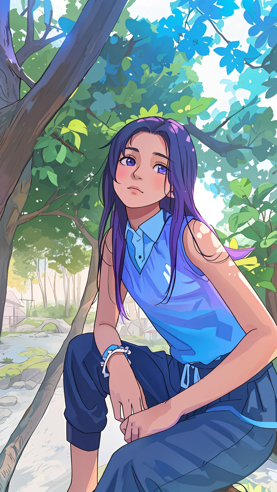Girl sitting on a tree branch with a blue shirt, she is about 1 , Violet Myers, 1 6 years oldRochin, Alanis Guillen, Riyahd Cassiem