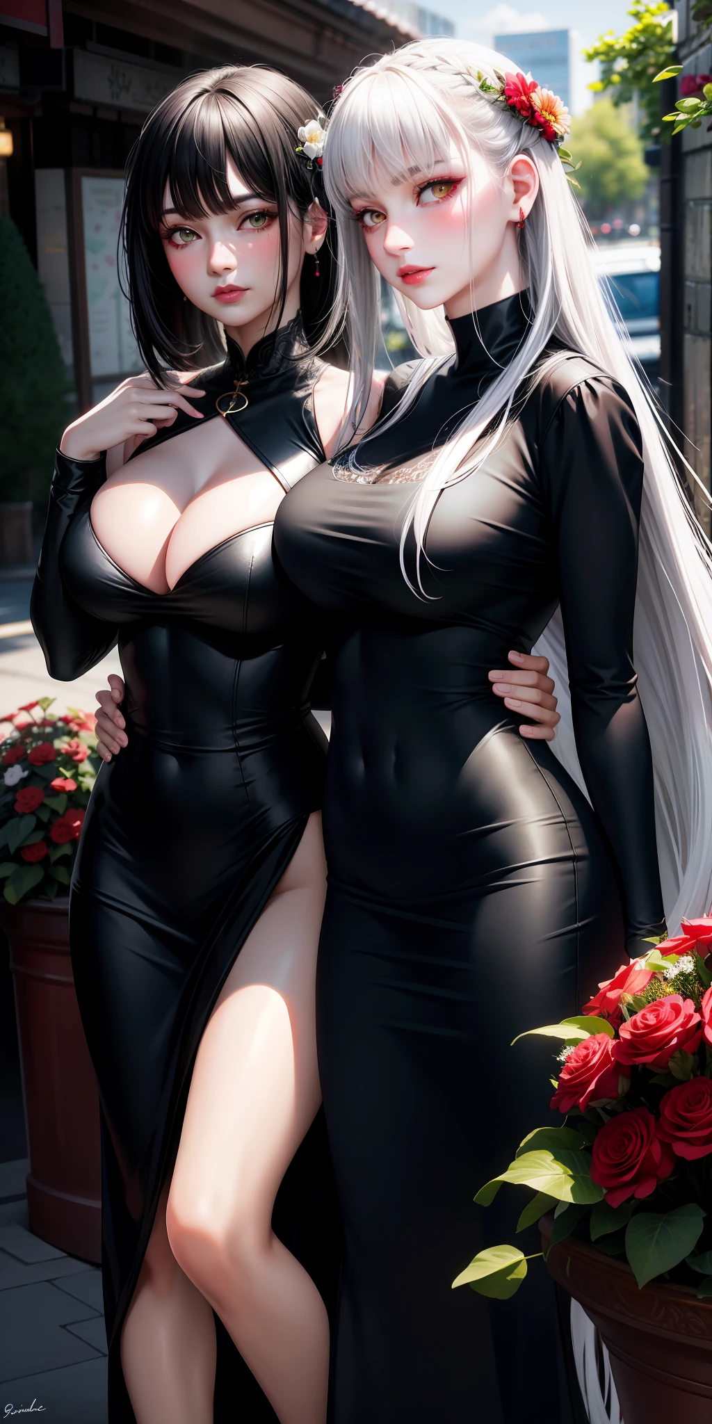 realistic, couple, black hair, white hair, red eyes, green eyes, bright eyes, dress, oriental, skirt, lips half-open, blush, night, flowers, sun, sunlight, large breasts, suit