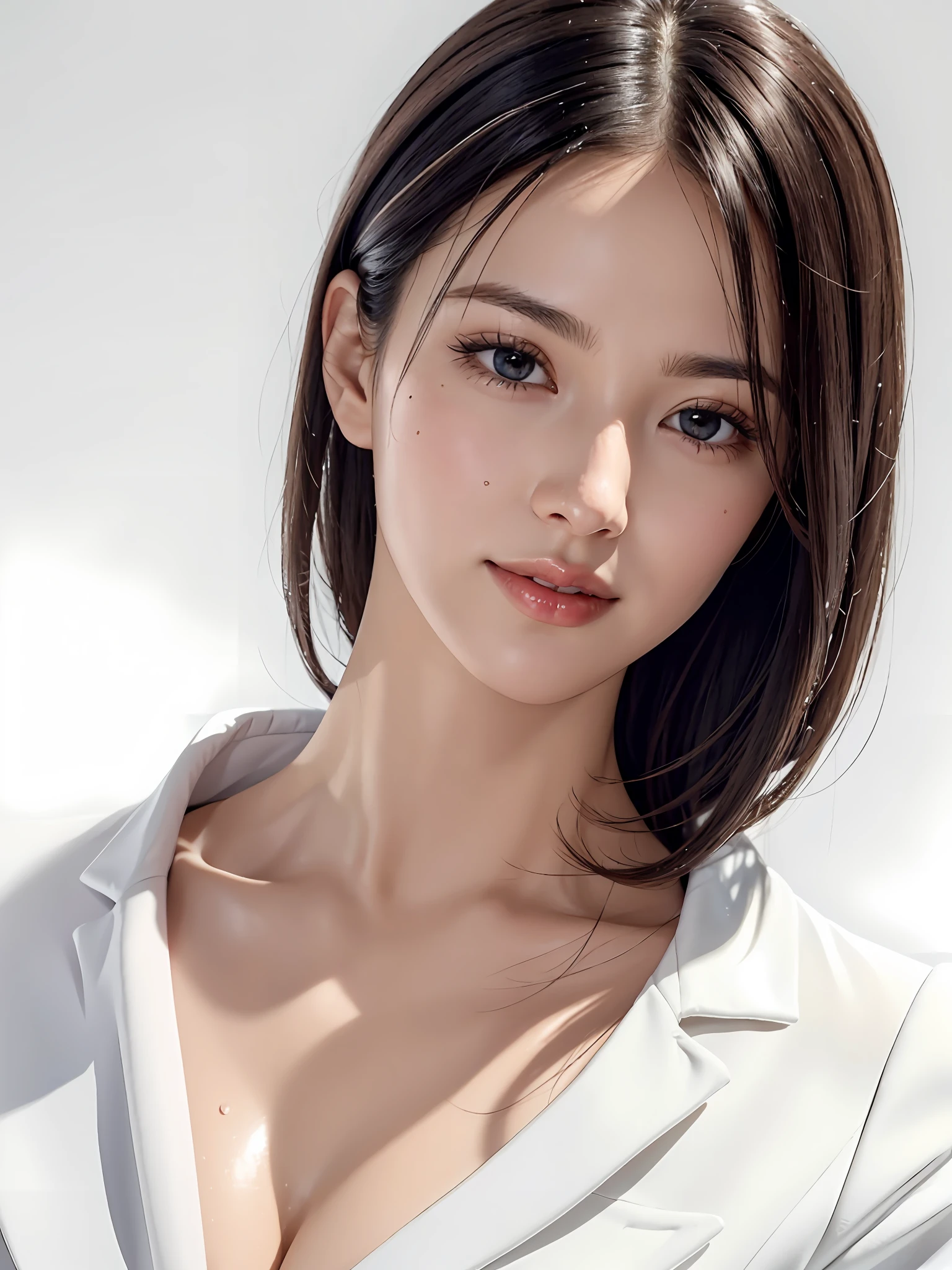 (Close-up: 1.4),
(RAW Photos: 1.2), (Photorealistic: 1.4), (Masterpiece: 1.3), (Best Quality: 1.4), Dreamy, (Detailed Eyes), (Detailed Facial Features), (Detailed Clothing Features), Skin Tightening, (Shiny Skin), (Slender Girl), (Slim Girl), 1 Girl, (Full Body)), Solo, Cute, Smry, (Middle Breast), Bangs, Straight Hair, Long hair, black hair, black eyes, crystal pendant, long blue scarf, white long wool coat, black thick pantyhose, brown snow boots, (best quality, 8k, 32k, masterpiece, UHD: 1.2), cute Japan woman photo, 1 girl, (big), (tall woman), (abs), (lips), closed mouth, (medium short), double eyelids, Wet skin, only one very beautiful woman, very sexy body, gaze looking directly at the camera, golden ratio face, golden ratio body, perfect body, perfect face, perfect breasts, big breasts looking directly at the camera, non-permanent sexy expression, holding breasts between arms to make cleavage, breasts closer, coquettish smile, very happy smile, skin gloss, big eyes, highlights in the pupils, Lip gloss, distinct double eyelids, eyelashes, long neck, beautiful short hair, glossy dark black hair, bangs, thick bangs, shiny skin, mole, teary mole, clean bangs, clean collarbone, clean ass bone, pure white background, blank background, crystal clear white business shirt, clothes that seem to be visible and invisible, overwhelming charm, attractive natural light, 19 years old