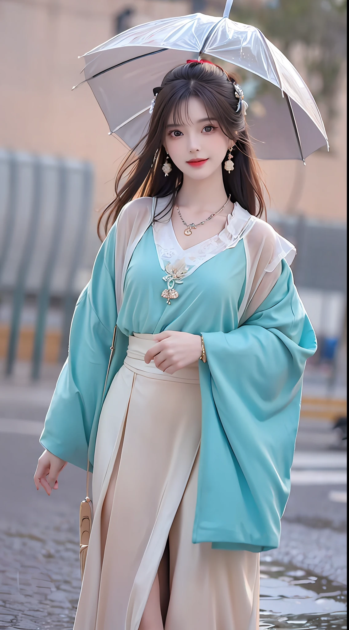 ((Best Quality, 8k, Masterpiece: 1.3)), Clear Focus: 1.2, Perfect Body Beauty: 1.4, Buttocks: 1.2, ((Layered Haircut, ), (Rain, Street:1.3), Highly Detailed Face and Skin Texture, Fine Eyes, Double Eyelids, Whitened Skin, Long Hair, Smile, Laugh, Chinese Clothing, Jade, Necklace, Bracelet, Earrings