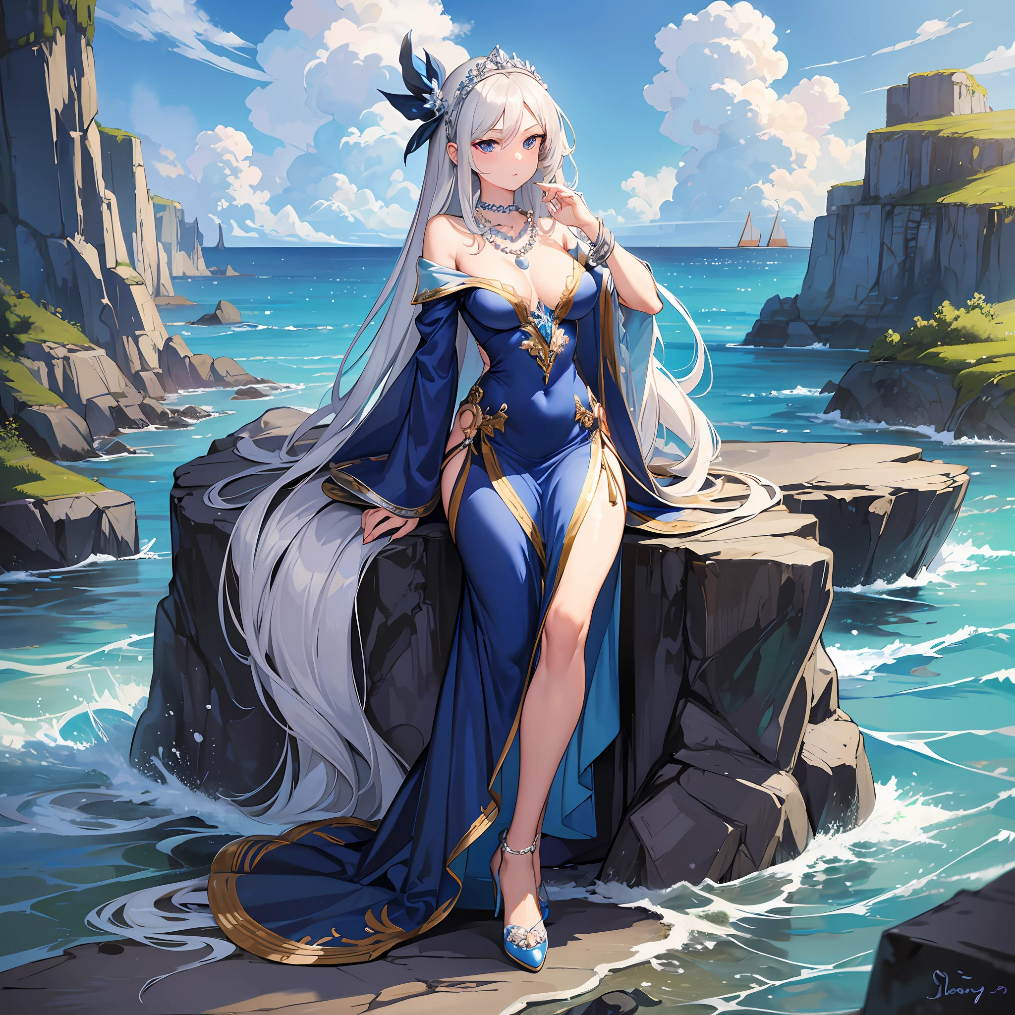 Masterpiece, 30 years age, female, long Silver hair, wearing mermaid headband, pearl necklace, Slanted eyes, blue navy long sexy dress, high heels, Small island style, serious expression, with a sharp gaze, beautiful face, Full body, zoom out