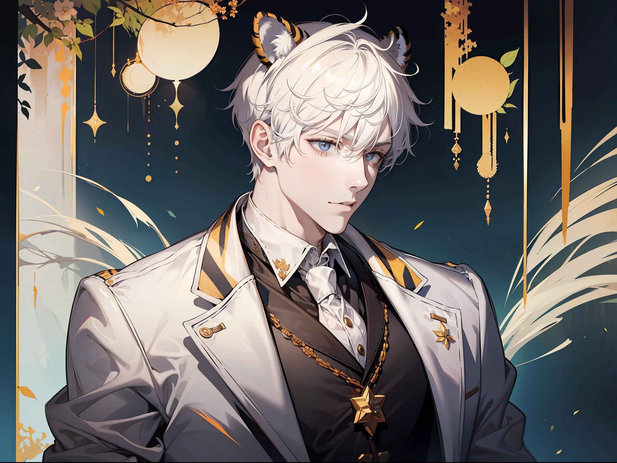 A man with short white hair, handsome and dashing, with a pair of tiger ears