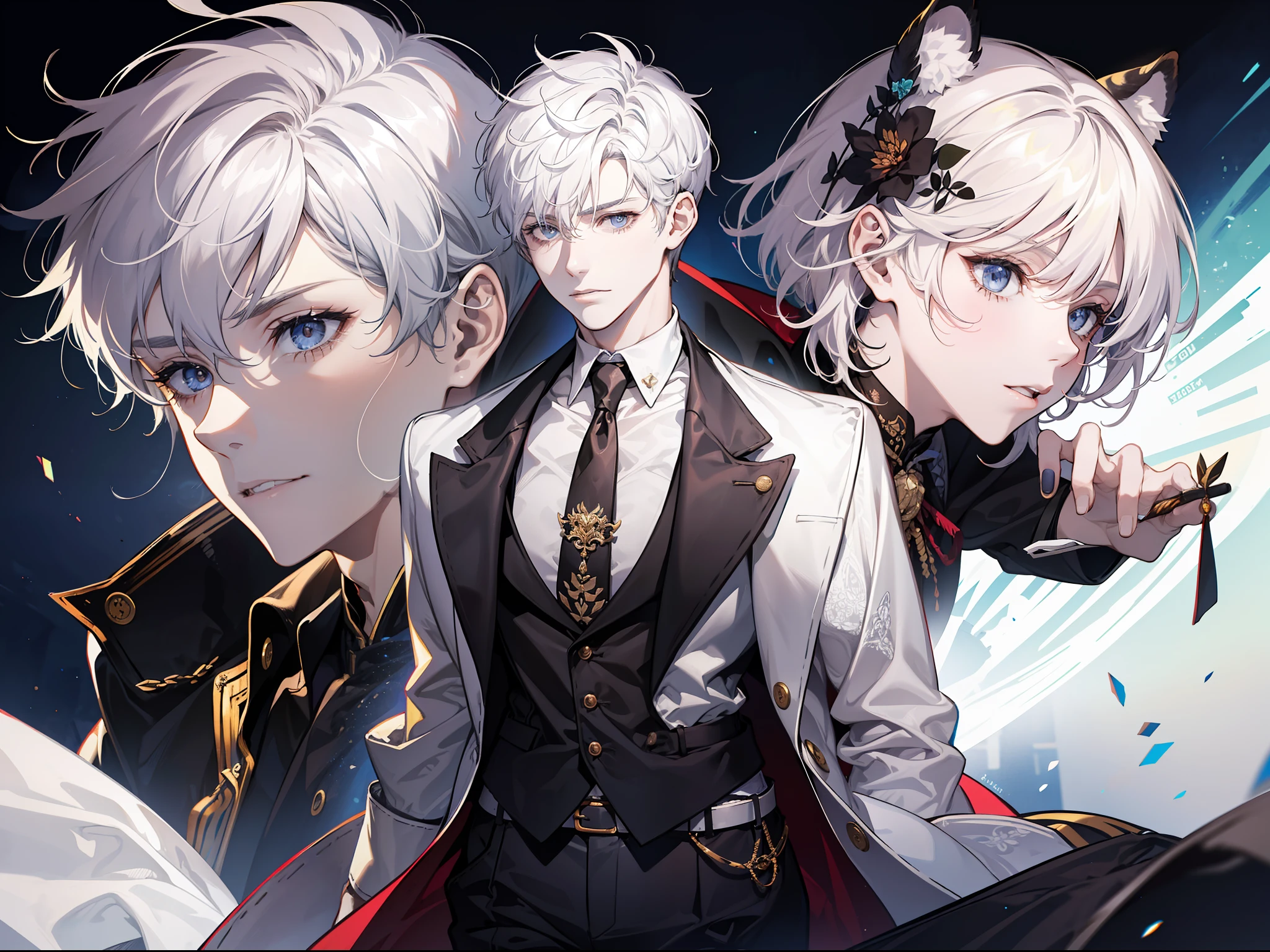 A man with short white hair, handsome and dashing, with a pair of tiger ears