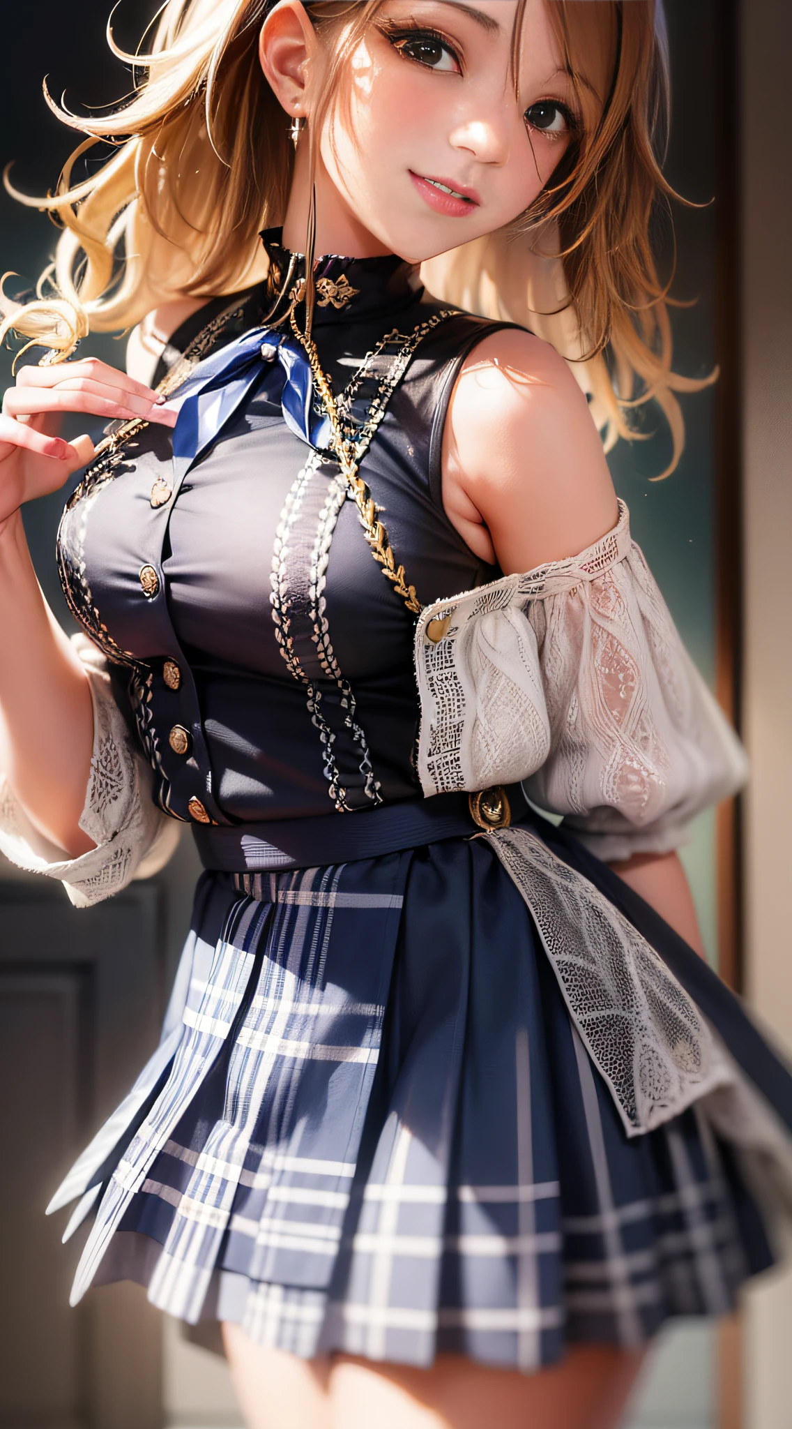 (masterpiece, best quality:1.2), cowboy shot, solo, 1girl, izumi mei, dark skin, dark-skinned female, gyaru, smile, closed mouth, hand in own hair, school uniform, pleated skirt