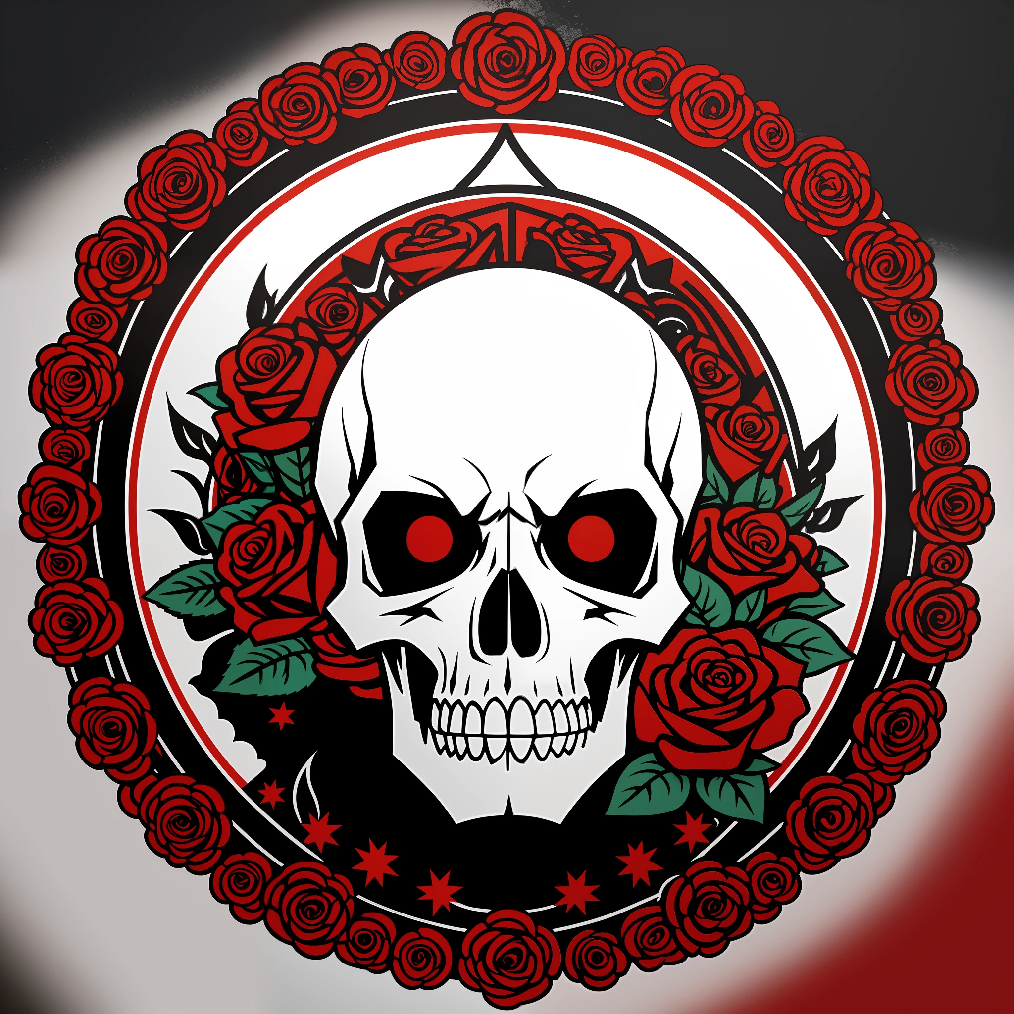 [Skull surrounded by red roses] circular heraldic silhouette, logo masking style illustration, Dan Mumford, Greg Lutkowski, James Jean, white background, fantasy art, mysterious, realistic, majestic, rich vivid colors, high contrast, seamless water brand, art station, deviant art, dribbling, red bubble, Tee public, sharp focus, simple, hyper detail, detailed drawing, vectorization, outline, isometric style, 8k.