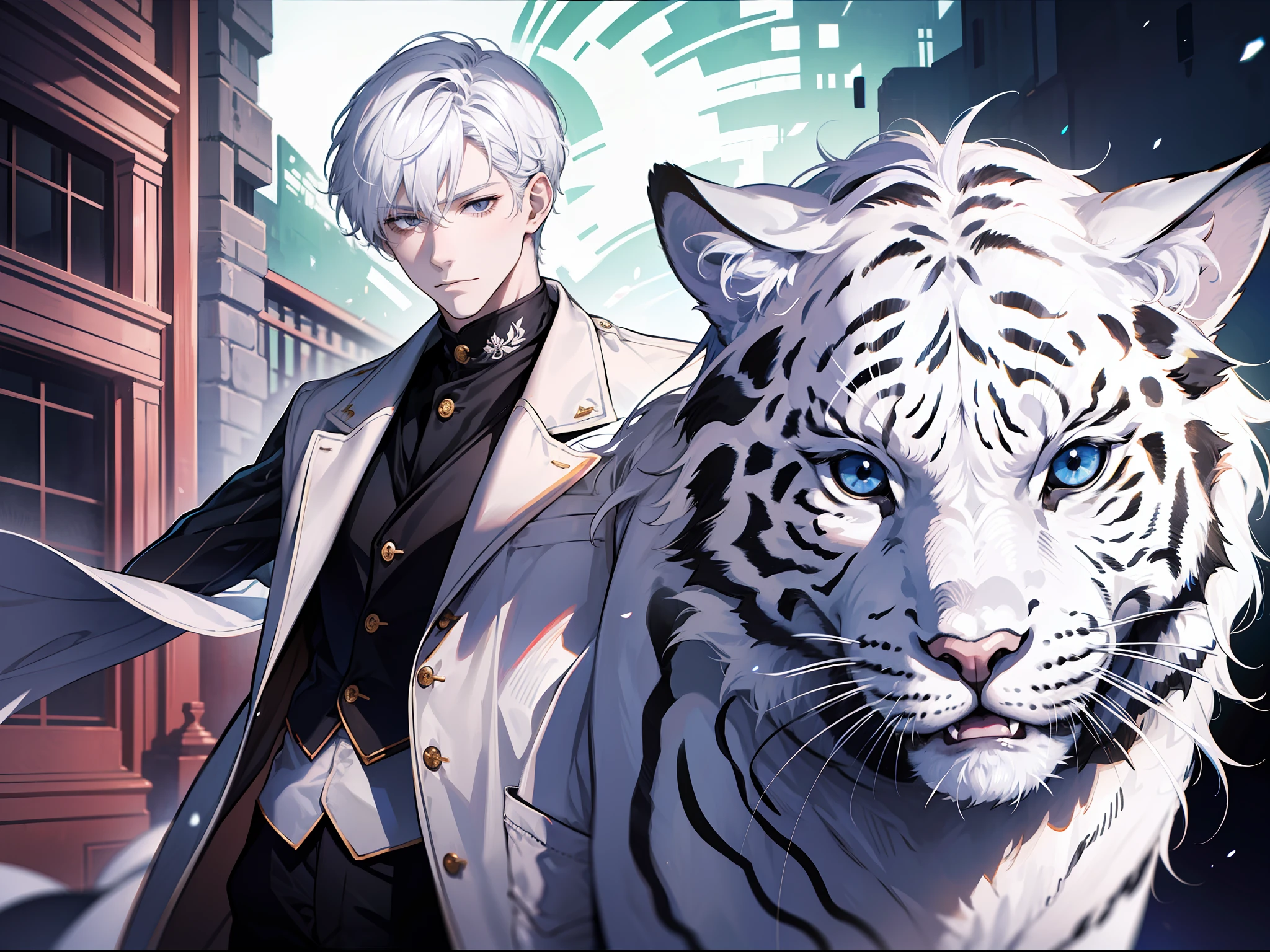 A man with short white hair, handsome and dashing, riding a large white tiger