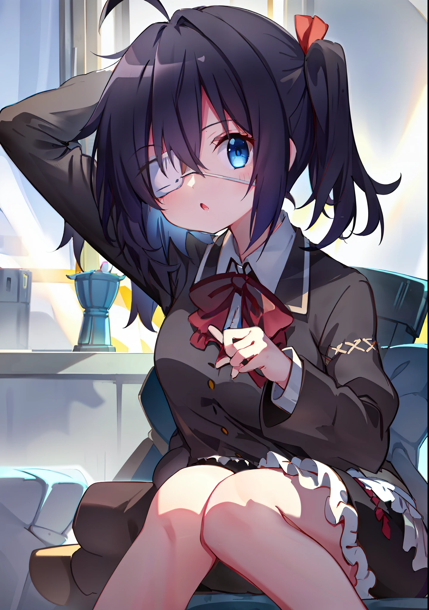 high res, masterpiece,Rikka Takanashi, black hair, solo, 1girl,outside,deatailed background, detailed eyes, ((blue eyes)), eyepatch