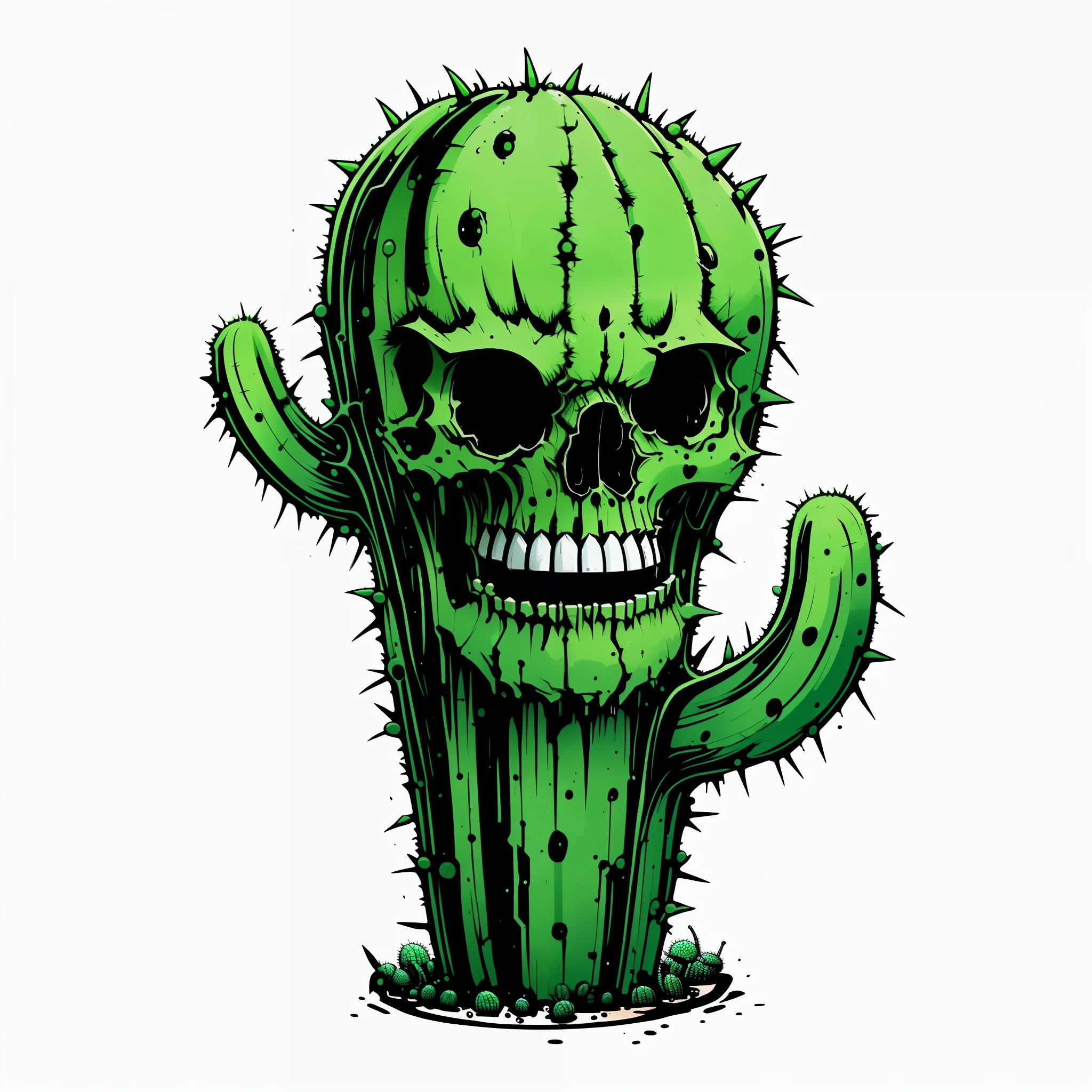 a green cactus with a skull on it's face, anthropomorphic cactus, desertpunk, cactus, robotic cactus design, plant monster, patchy cactus, cacti, made of cactus spines, full color digital illustration, saguaro, calavera, a plant monster, skullish, peyote cactus desert, high detailed illustration, deadly alien plants