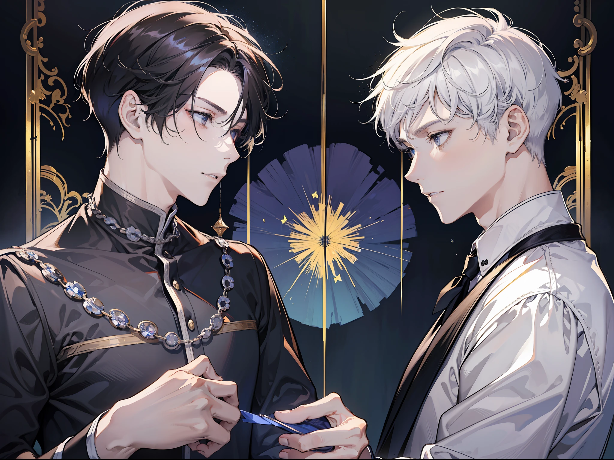 Masterpiece, Superb Inside, 2 men, men with short white hair coquettish in the arms of the man with short black hair, looking at each other