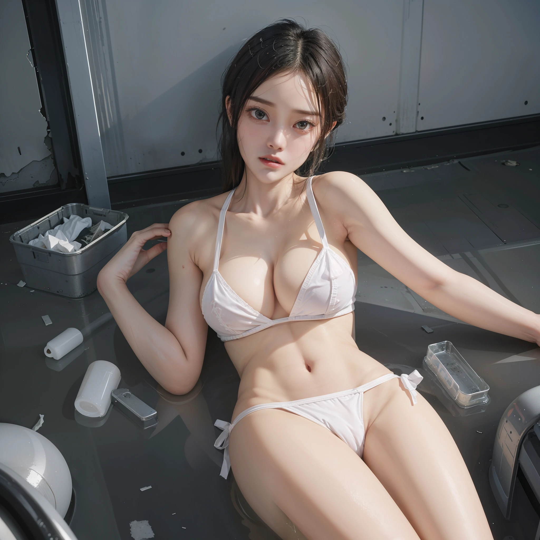 Abandoned construction site, devastated, broken doors and windows, a mess on the ground, garbage, garbage, garbage, white transparent bikini, white turbid liquid, delicate and perfect facial features, long eyelashes, sweet eyes with lying silkworms, exquisite and perfect human body structure, perfect face, ultimate picture quality, highest precision, legs spread, garbage, greasy, sweaty, dirty