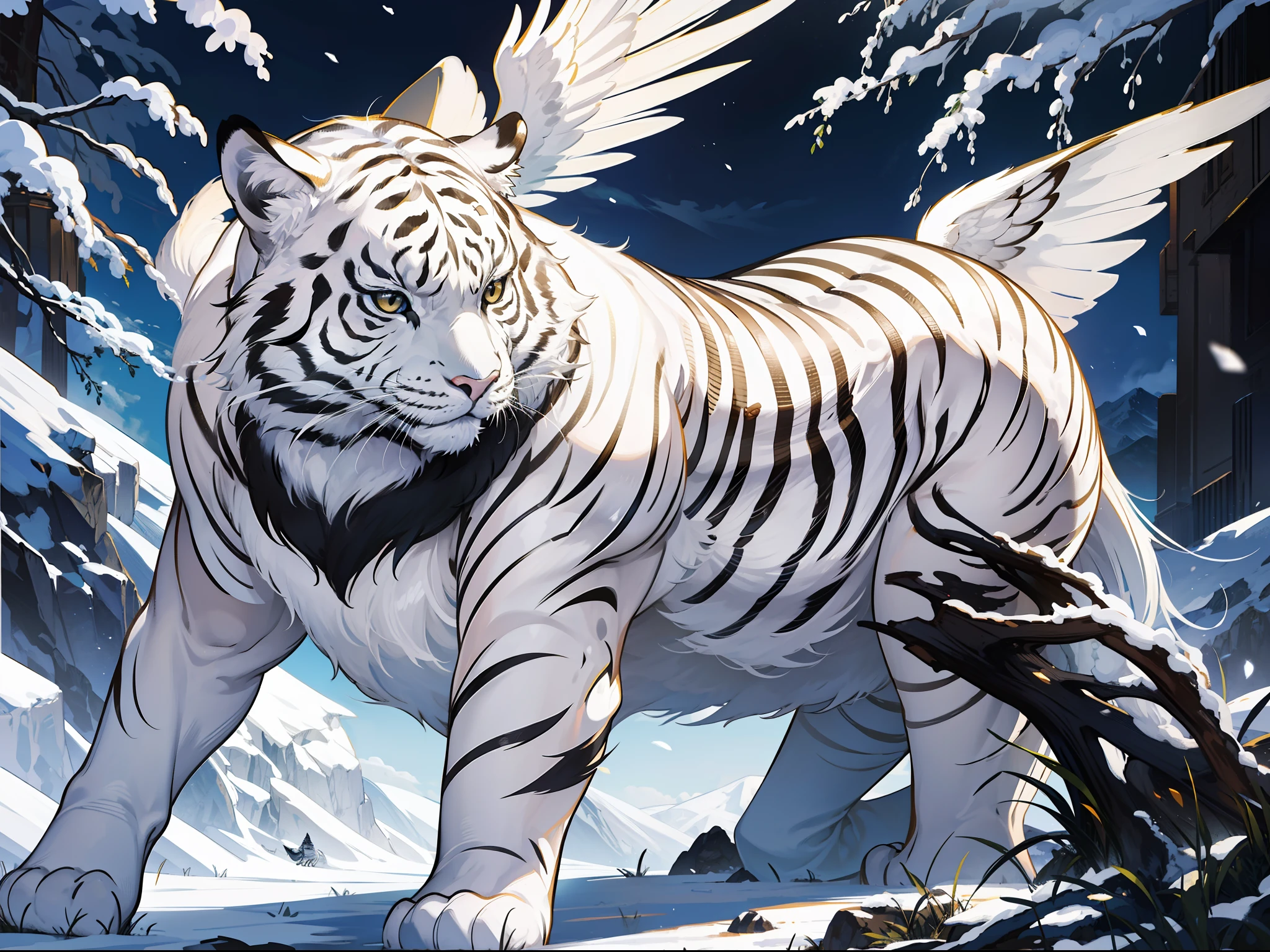A large snow-white tiger with a pair of wings on its back is very beautiful