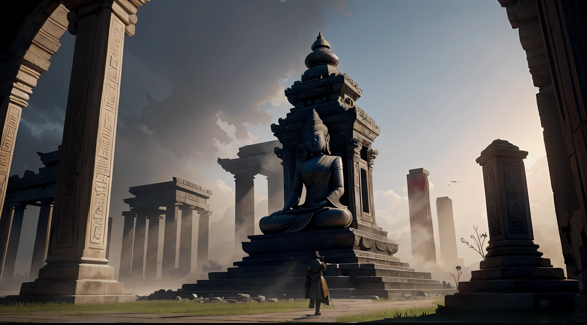 absurd, realistic lighting, (abyss) masterpiece, high quality, beautiful graphics, high detail, dressed woman, extremely refined and beautiful, amazing, fine detail, masterpiece, hyper-detail, high resolution, (best illustration), (best shadow), intricate, ancient landscape, thousand hands bodhisattva, temple, (mysterious black fog), journey to the west, ((corpse), ((ancient monster)), (ruins), (battlefield), (blood stain), glazed tiles, Buddha statue, lantern,