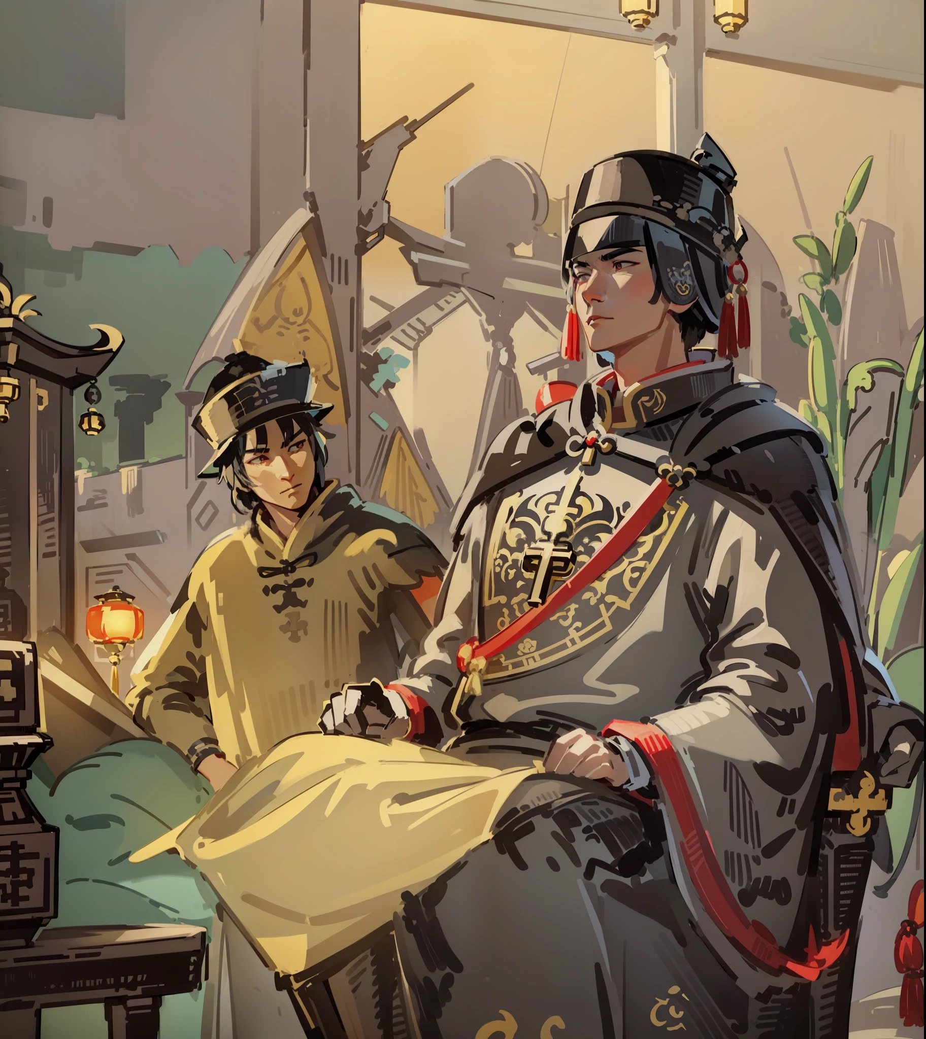 Zheng He, chinese sailor, white chinese imperial noble suit, black cape, black futou hat, looking forward confidently, blue chinese dragon behind him, best quality, (high detailed skin:1.2), epic, masterpiece, dark studio, 8k uhd, dslr, soft lighting, high quality, volumetric lighting, candid, Photograph, high resolution, 4k, 8k