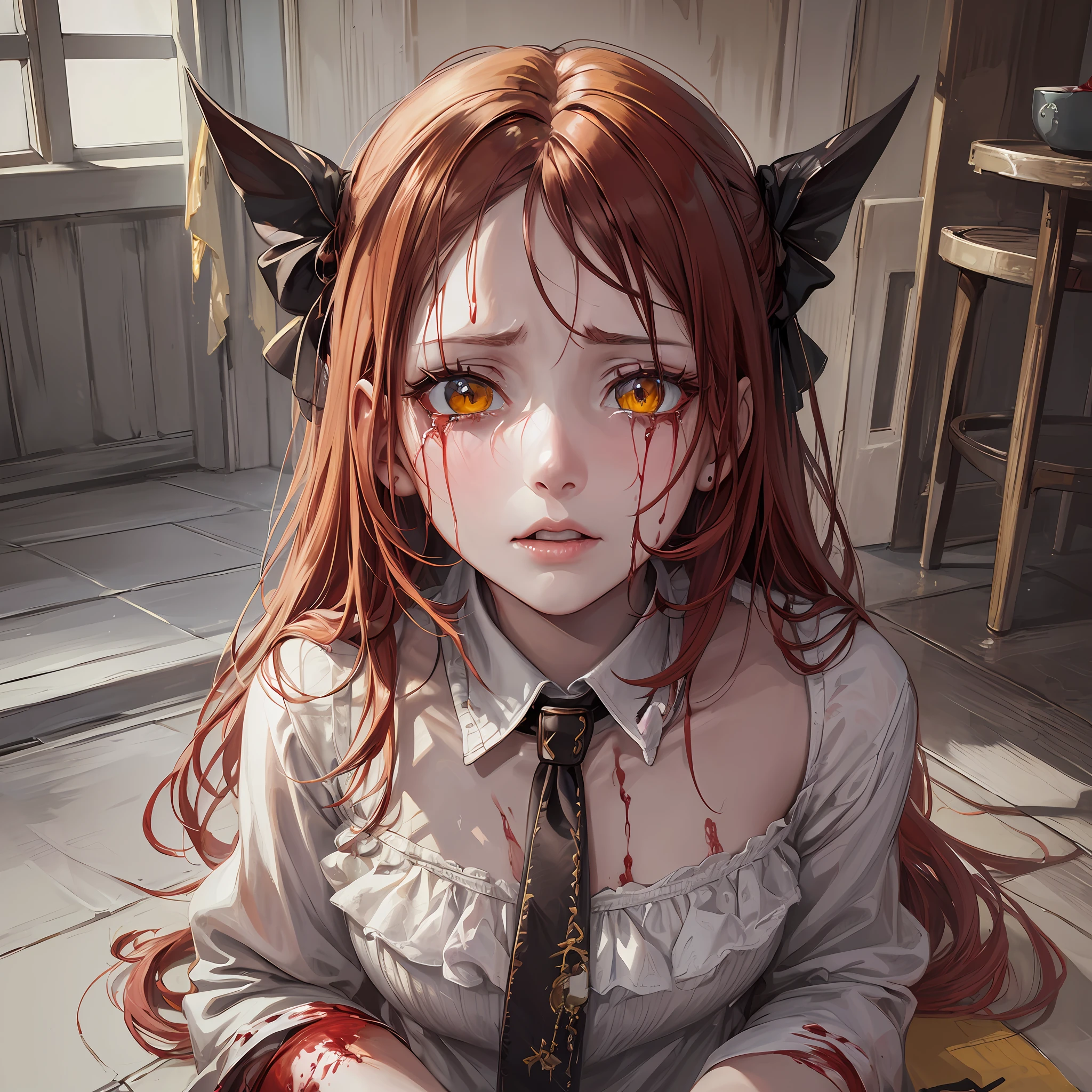 (best quality), (masterpiece), (artwork), (best illustration, desinger, colors), (best development), (detailed eyes), (extremely detailed eyes:1.2), (glowing eyes, bright, sparkling:1.3), a beautiful girl, long red hair (the color of blood), (detailed yellow eyes), white skin, background of rustic art scenery of an insane asylum, she is wearing a bloodied straitjacket (crying blood on her beautiful macabre face:1.3)[0.9] --s2