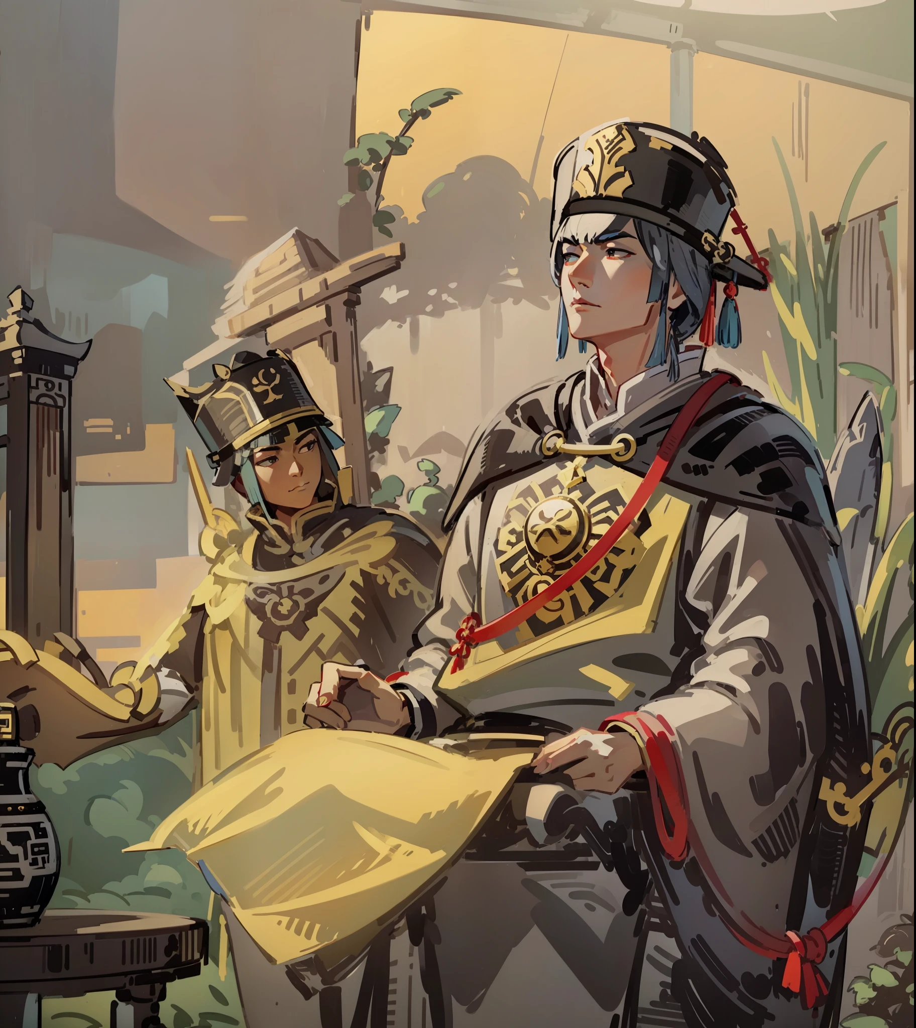 Zheng He, chinese sailor, white chinese imperial noble suit, black cape, black futou hat, looking forward confidently, blue chinese dragon behind him, best quality, (high detailed skin:1.2), epic, masterpiece, dark studio, 8k uhd, dslr, soft lighting, high quality, volumetric lighting, candid, Photograph, high resolution, 4k, 8k