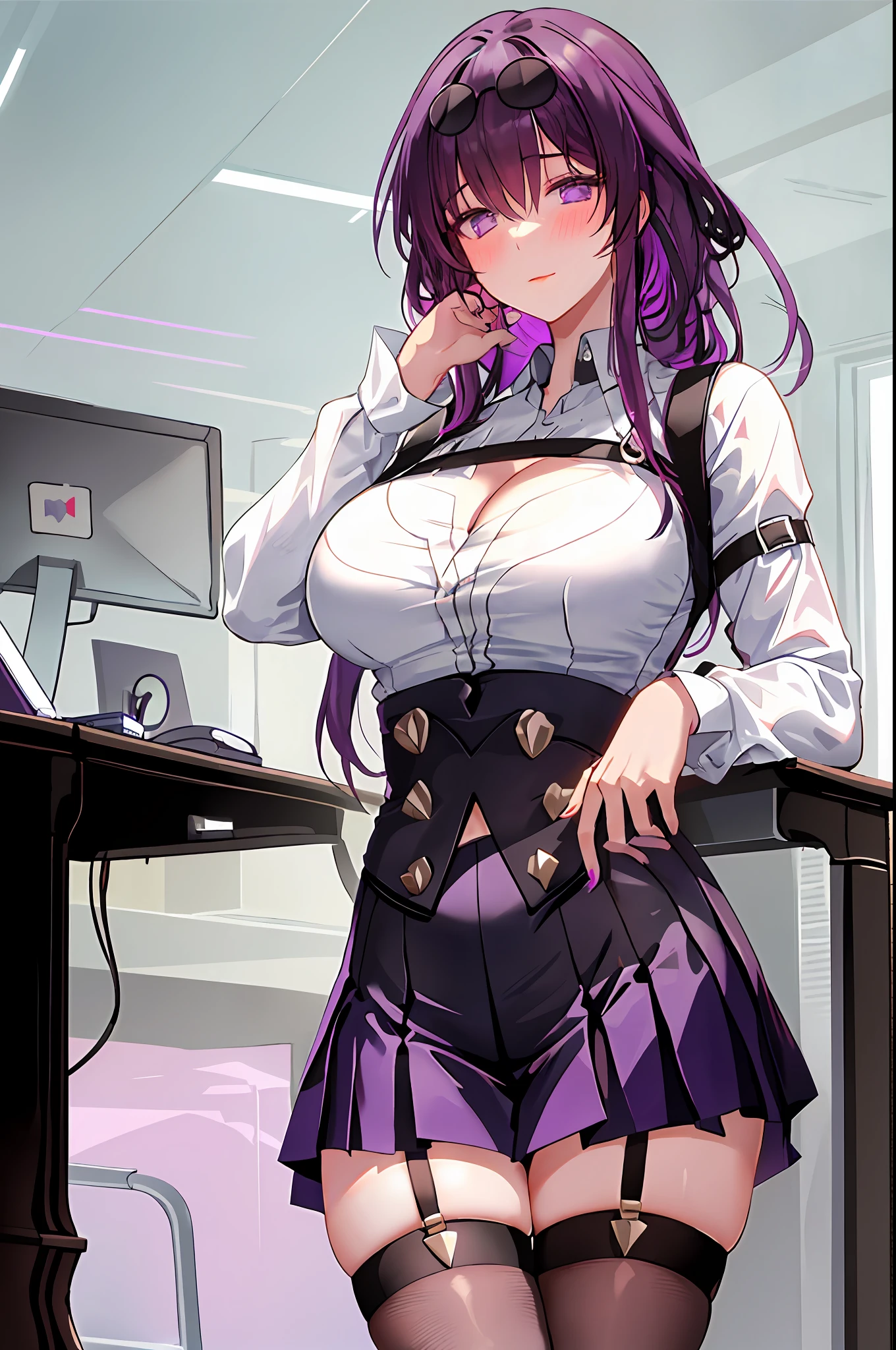 Kafka, 1girl, solo, ((white shirt)), black thighhighs, breasts, cleavage, uniform, office background, black skirt, pleated skirt, office, hair between eyes, sunglass on head, large breasts, long hair, looking at viewer, purple hair, purple short nails, purple eyes, solo, thighhighs, thighs, long hair, ((masterpiece)), sitting, chair, desk, computer on desk, name tag, id tag, indoor, blush, sexy pose,