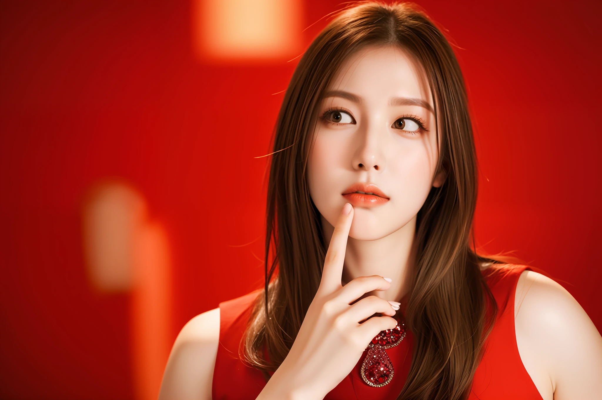 There's a woman in a red dress holding her finger to her lips, hand to chin, woman's face looking out of camera, looking up, featured, hovering indecision, pondering, thoughtful expression, hand on cheek, thoughtful, thin pointed chin, pointed chin, iStock, focus on pursed lips, thinking pose, profile picture, slick, thoughtful chin), looking confused