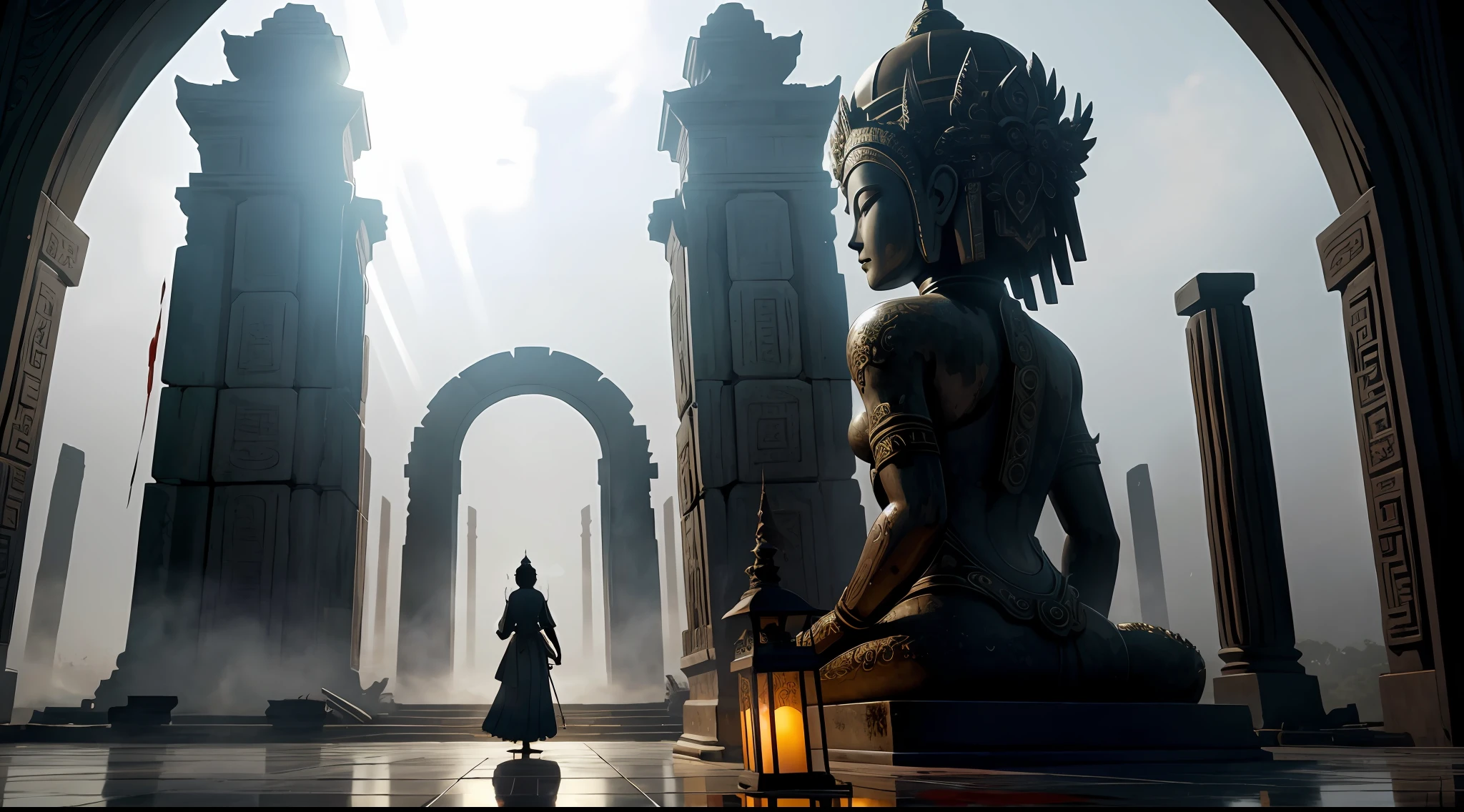 absurd, realistic lighting, (abyss) masterpiece, high quality, beautiful graphics, high detail, dressed woman, extremely refined and beautiful, amazing, fine detail, masterpiece, hyper-detail, high resolution, (best illustration), (best shadow), intricate, ancient landscape, thousand hands bodhisattva, temple, (mysterious black fog), journey to the west, ((corpse), ((ancient monster)), (ruins), (battlefield), (blood stain), glazed tiles, Buddha statue, lantern,