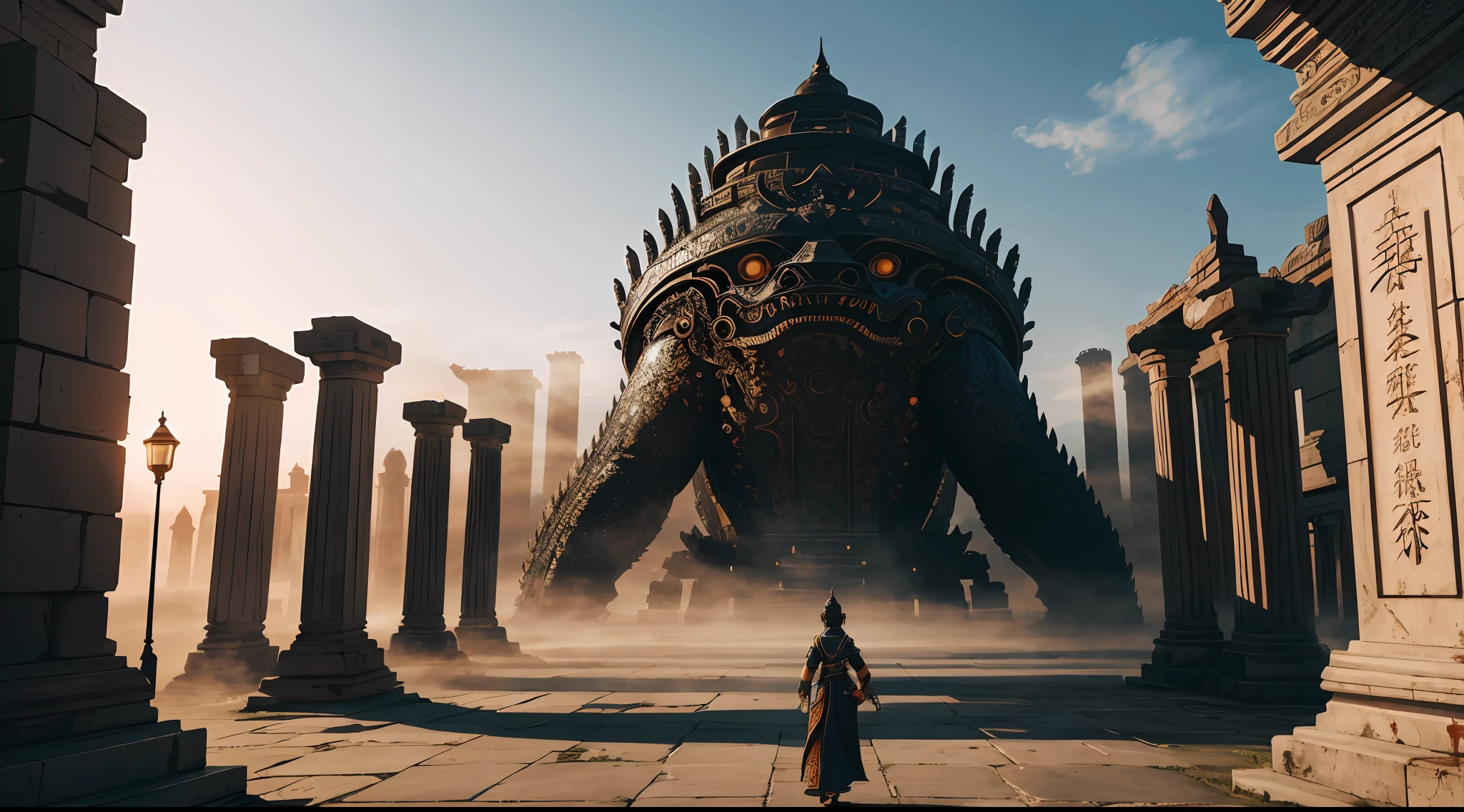 absurd, realistic lighting, (abyss) masterpiece, high quality, beautiful graphics, high detail, dressed woman, extremely refined and beautiful, amazing, fine detail, masterpiece, hyper-detail, high resolution, (best illustration), (best shadow), intricate, ancient landscape, thousand hands bodhisattva, temple, (mysterious black fog), journey to the west, ((corpse), ((ancient monster)), (ruins), (battlefield), (blood stain), glazed tiles, Buddha statue, lantern,