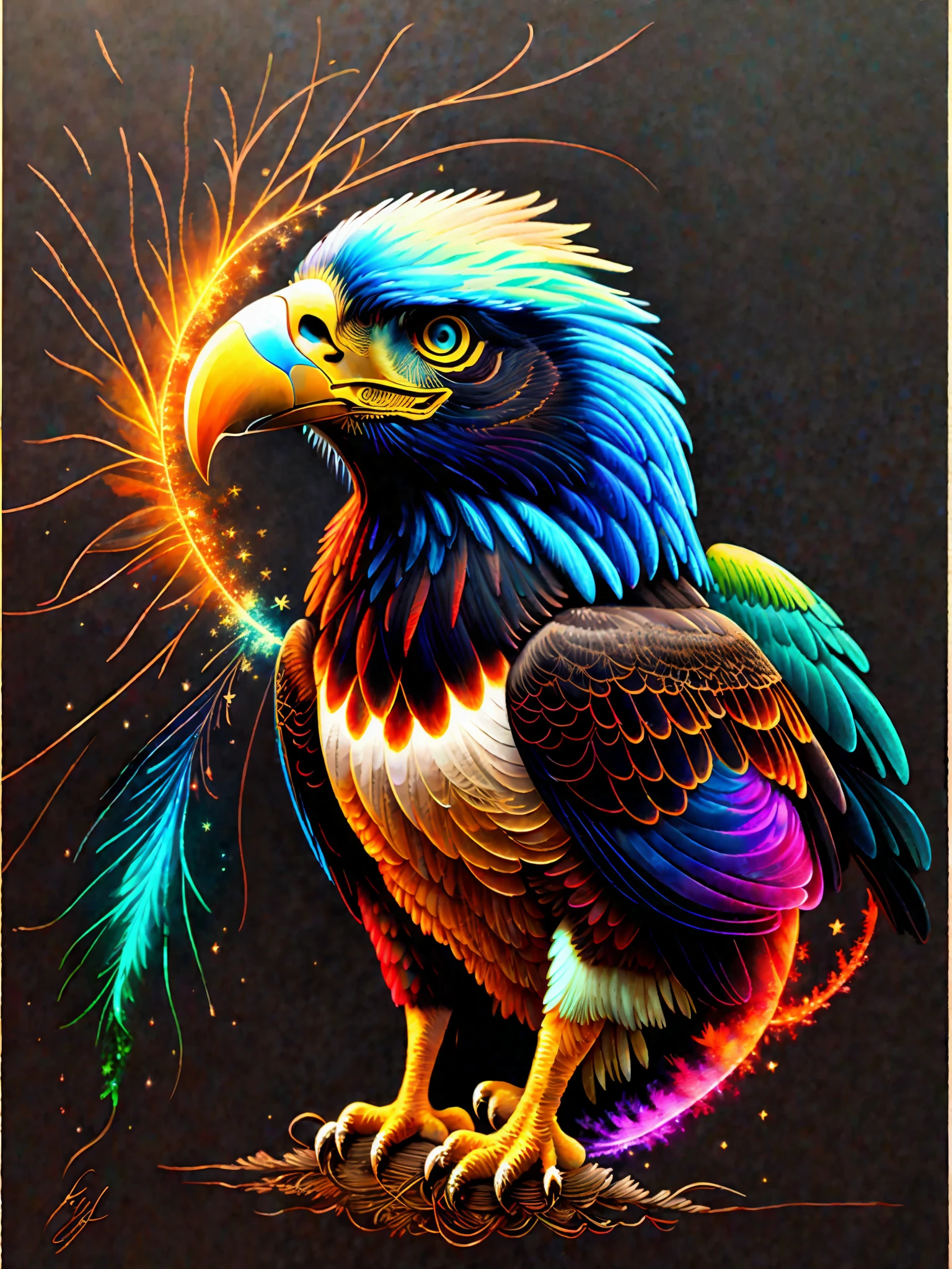 a painting of a colored eagle on a black background,, breathtaking rendering, within a radiant connection, inspired by Kinuko Y. Craft,, magical elements, kitten icon, wow, is beautiful, casting a multi colorful spell, bright flash, flash