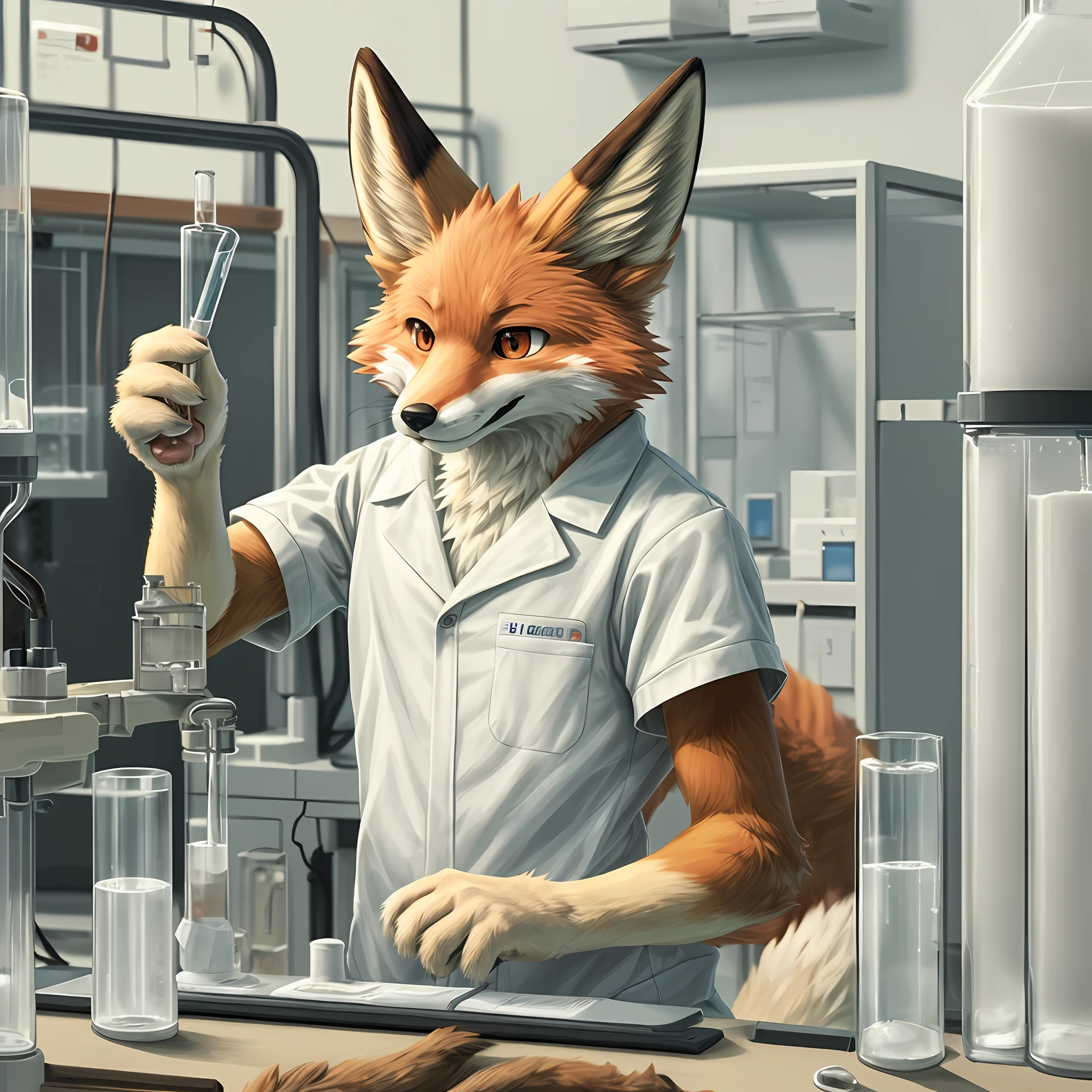 top quality, best quality, masterpiece, super high resolution, detailed background, laboratory(highly detailed beautiful face and eyes)absurdres, perfect anatomy(handsome 1boy, kemono, solo focus, labo coat)(furry)(furry anthro:1.7)(Furry body, fox facial features, fox body features)(very detailed body fur)full body, holding test tube,